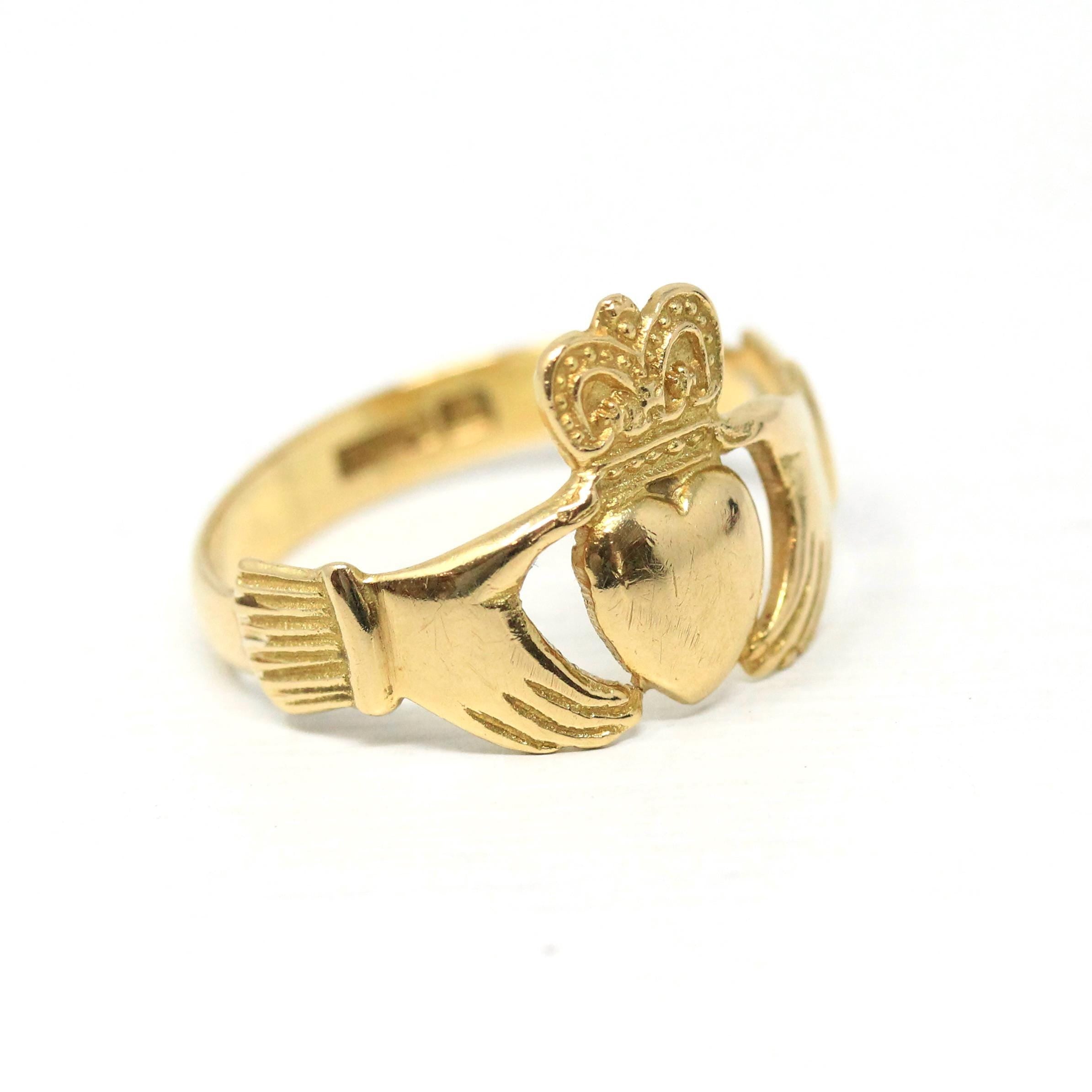 Vintage Claddagh Ring - Irish 18k Yellow Gold Heart Clasped Hand Crown - Dated 1961 Size 9 Friendship Love Loyalty Dublin Hallmark Jewelry