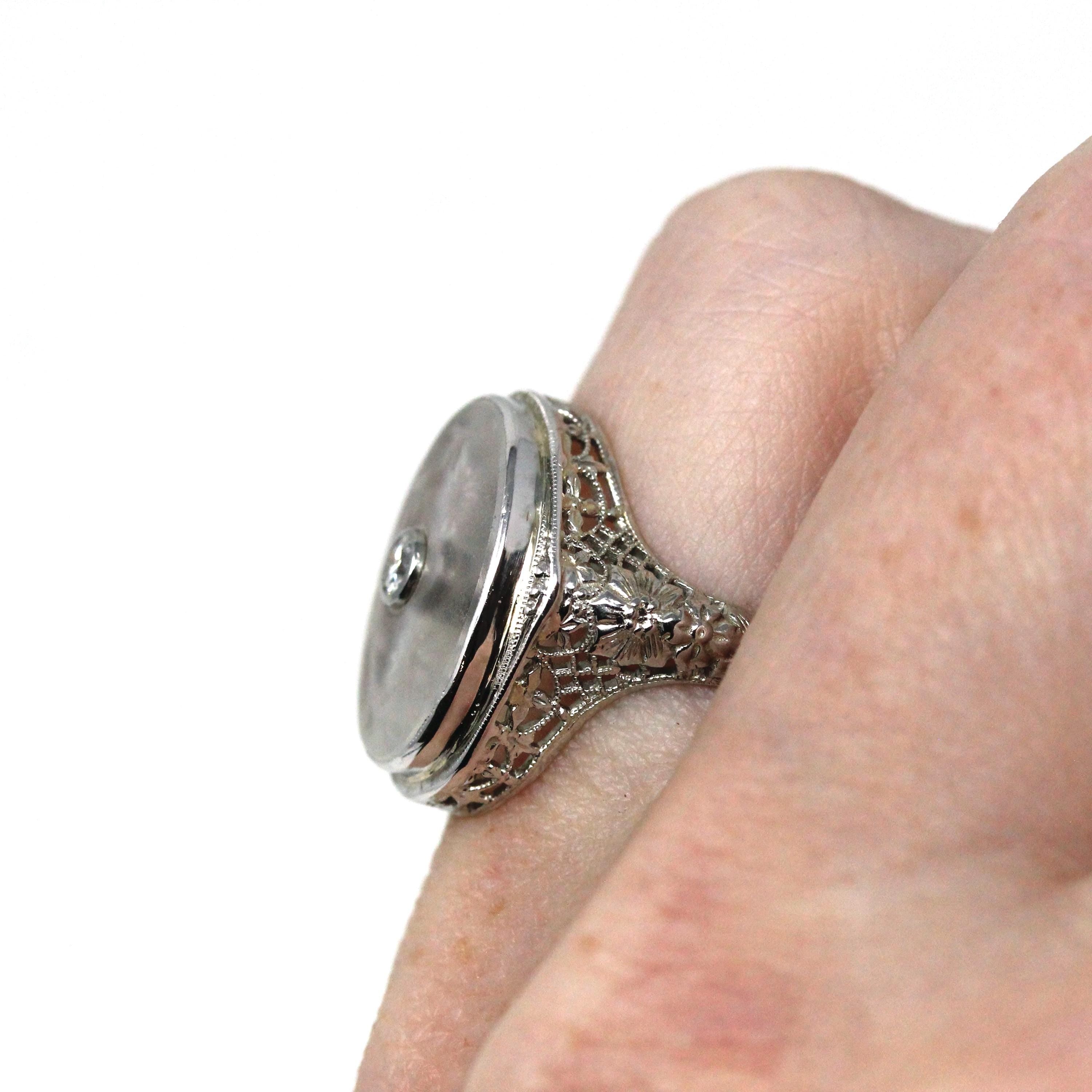 Rock Crystal Quartz Ring - Vintage 18k White Gold Filigree Diamond Statement - Art Deco 1930s Size 4 1/2 Camphor Glass Style Fine Jewelry