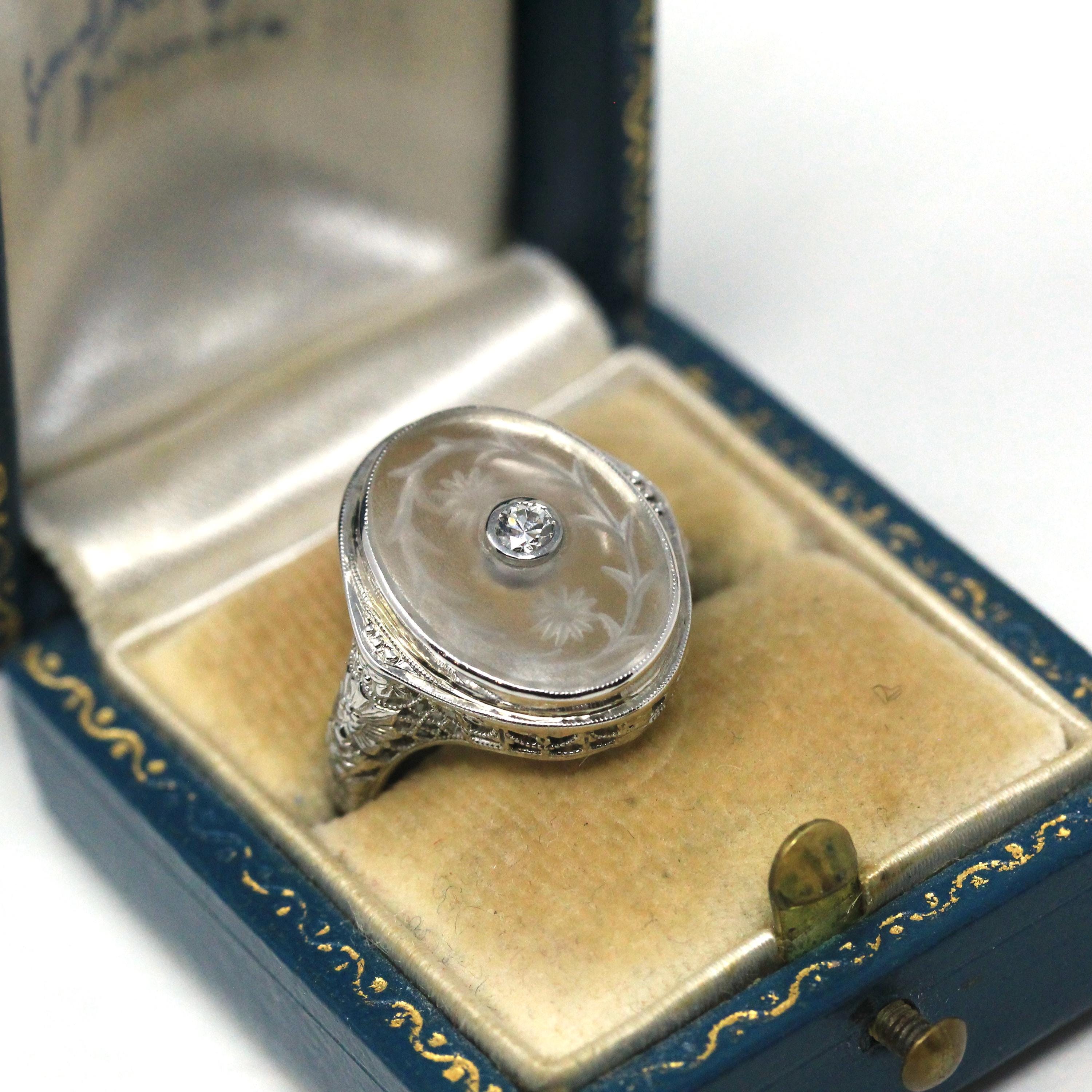 Rock Crystal Quartz Ring - Vintage 18k White Gold Filigree Diamond Statement - Art Deco 1930s Size 4 1/2 Camphor Glass Style Fine Jewelry