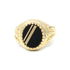 Onyx Signet Ring - English 9k Yellow Gold Oval Black Chalcedony Gem - Size 9 3/4 Hallmarked 1989 Unisex Statement Fine Diagonal Line Jewelry