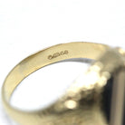 Onyx Signet Ring - English 9k Yellow Gold Oval Black Chalcedony Gem - Size 9 3/4 Hallmarked 1989 Unisex Statement Fine Diagonal Line Jewelry