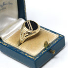 Onyx Signet Ring - English 9k Yellow Gold Oval Black Chalcedony Gem - Size 9 3/4 Hallmarked 1989 Unisex Statement Fine Diagonal Line Jewelry