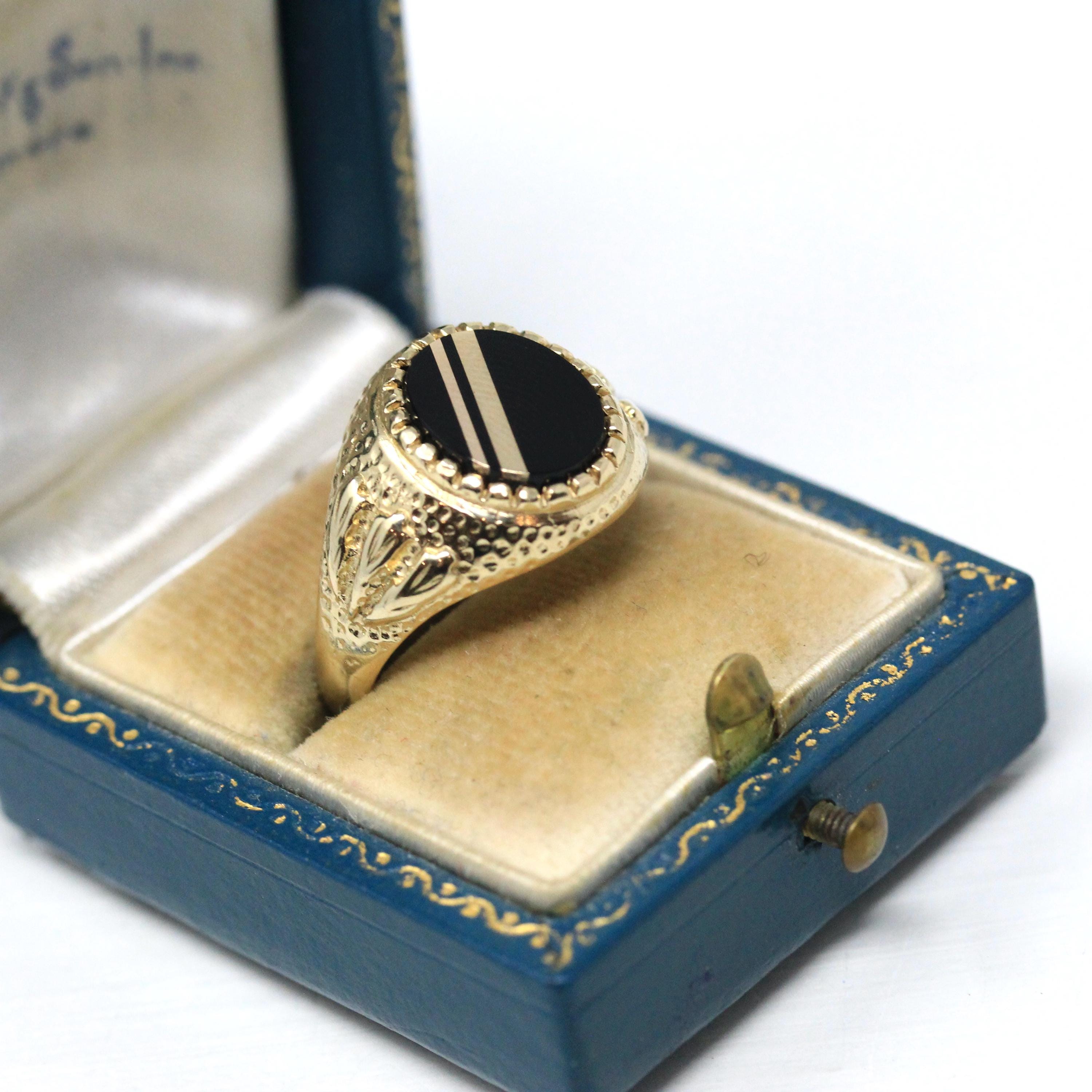 Onyx Signet Ring - English 9k Yellow Gold Oval Black Chalcedony Gem - Size 9 3/4 Hallmarked 1989 Unisex Statement Fine Diagonal Line Jewelry