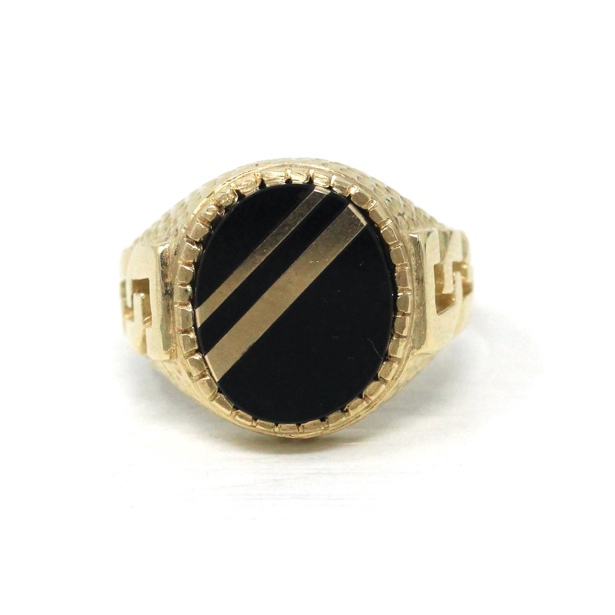 Onyx Signet Ring - English 9k Yellow Gold Oval Black Chalcedony Gem - Size 9 Vintage Unisex Statement Fine Greek Key Diagonal Line Jewelry