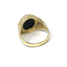 Onyx Signet Ring - English 9k Yellow Gold Oval Black Chalcedony Gem - Size 9 Vintage Unisex Statement Fine Greek Key Diagonal Line Jewelry