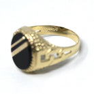 Onyx Signet Ring - English 9k Yellow Gold Oval Black Chalcedony Gem - Size 9 Vintage Unisex Statement Fine Greek Key Diagonal Line Jewelry