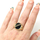Onyx Signet Ring - English 9k Yellow Gold Oval Black Chalcedony Gem - Size 9 Vintage Unisex Statement Fine Greek Key Diagonal Line Jewelry