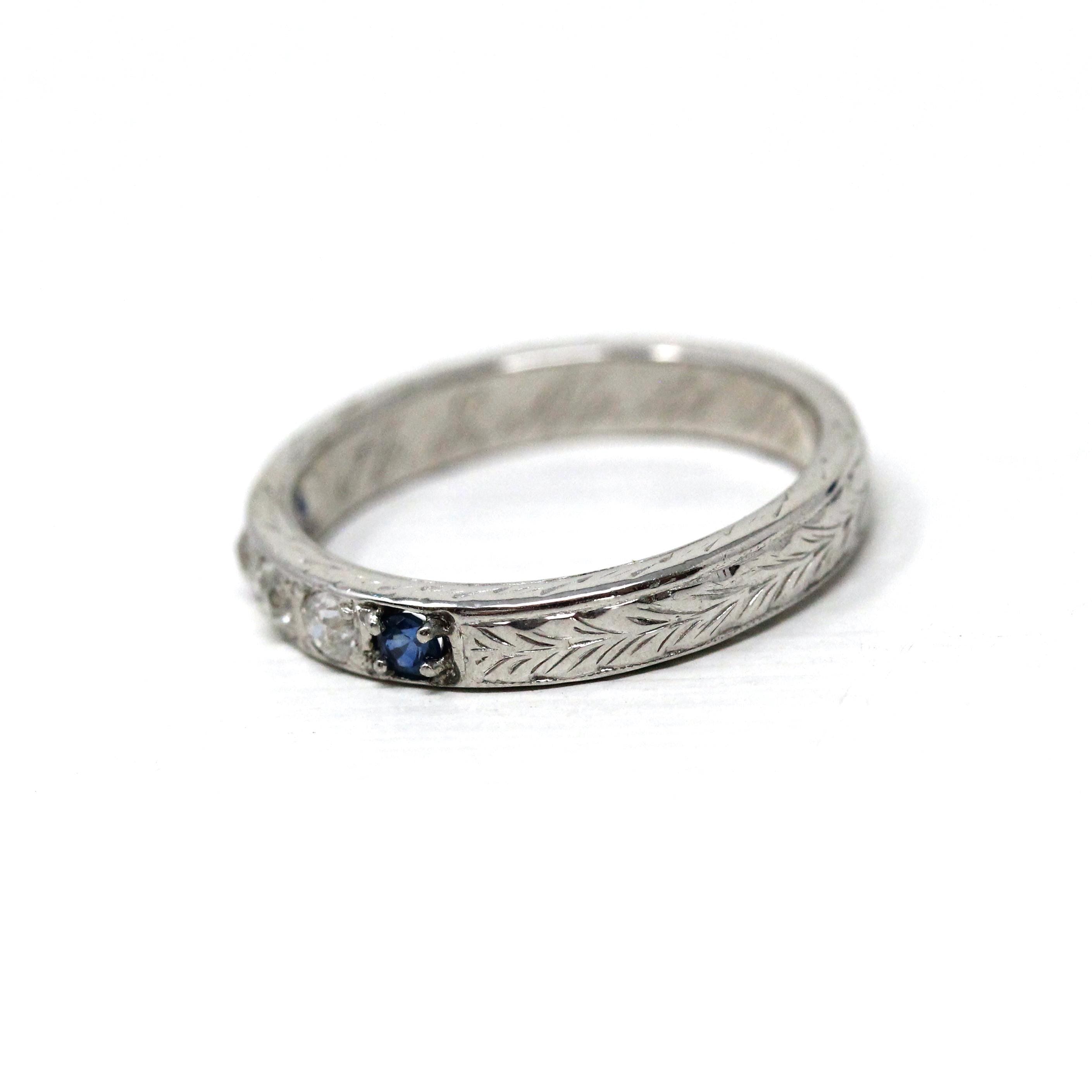 Sapphire & Diamond Band - Art Deco 1925 18k White Gold Eternity Style Wheat Engraving Ring - Dated 1920s Size 5 3/4 Fine Bridal Jewelry