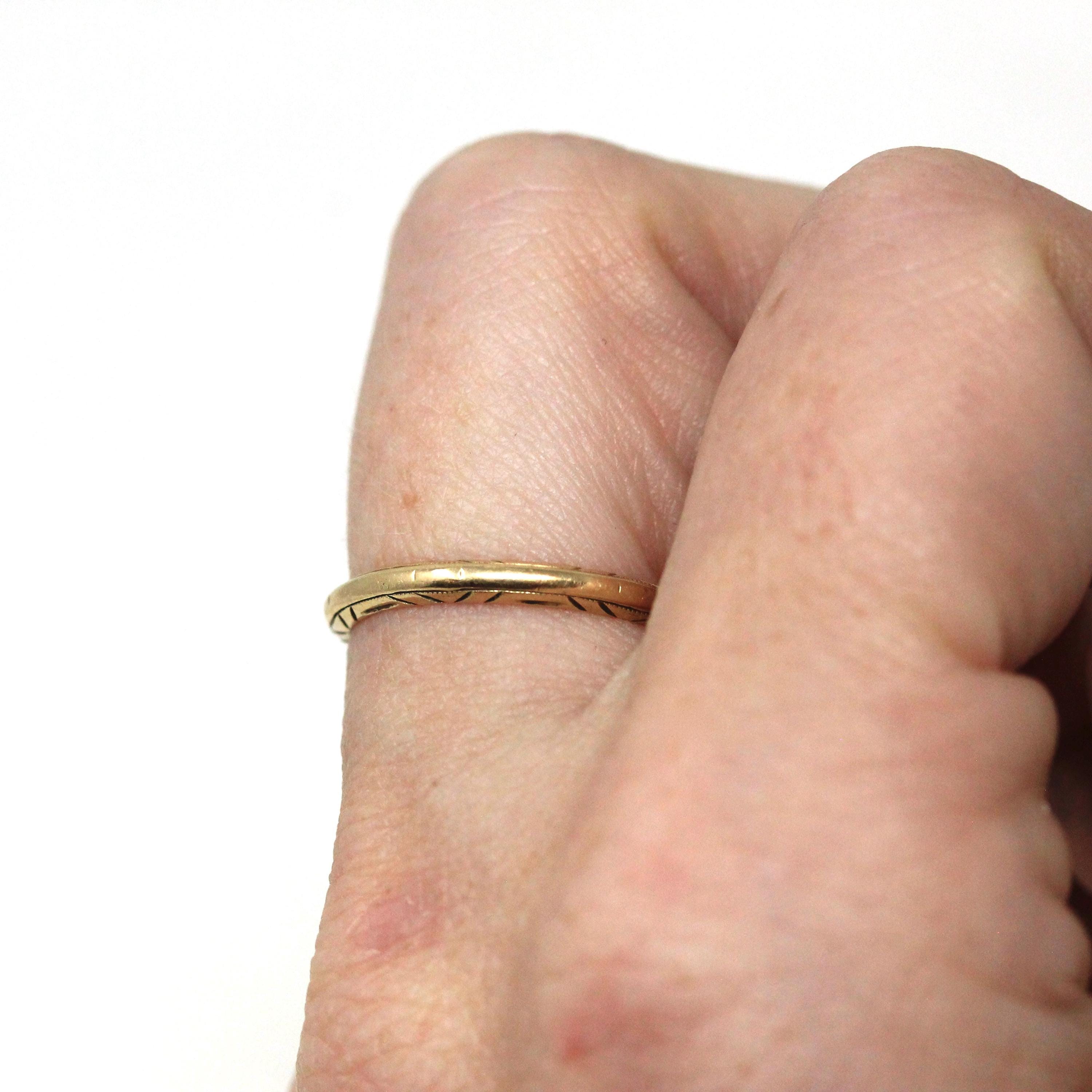 Retro Eternity Band - Circa 1940s 14k Yellow Gold Textured Statement Band - Vintage Size 5 3/4 Diagonal Etched Pattern Fine 40s Era Jewelry