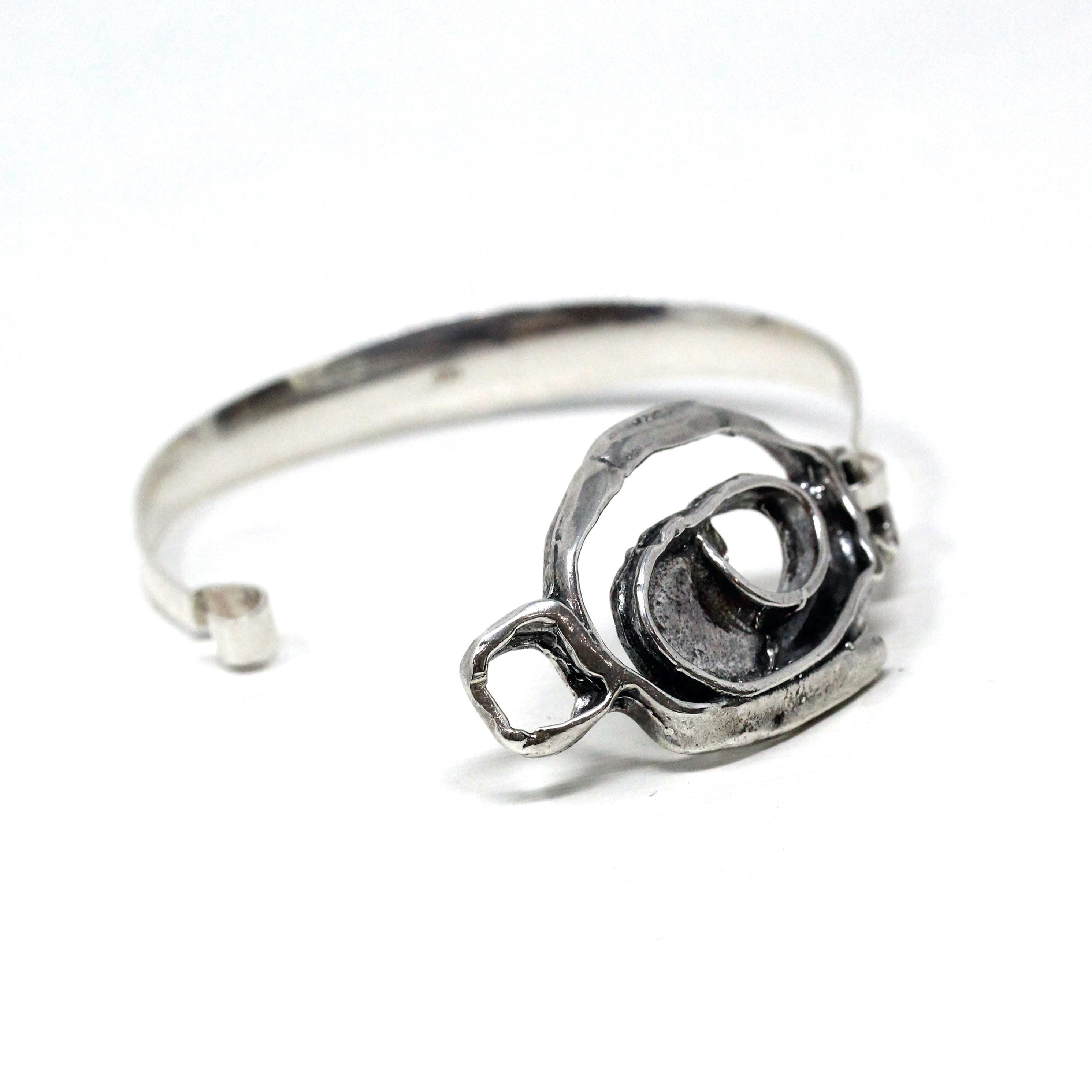 Vintage Swirl Bangle Bracelet - Retro Sterling Silver Organic Shape Funky Clasp Statement - Circa 1970s Era Fashion Accessory 70s Jewelry