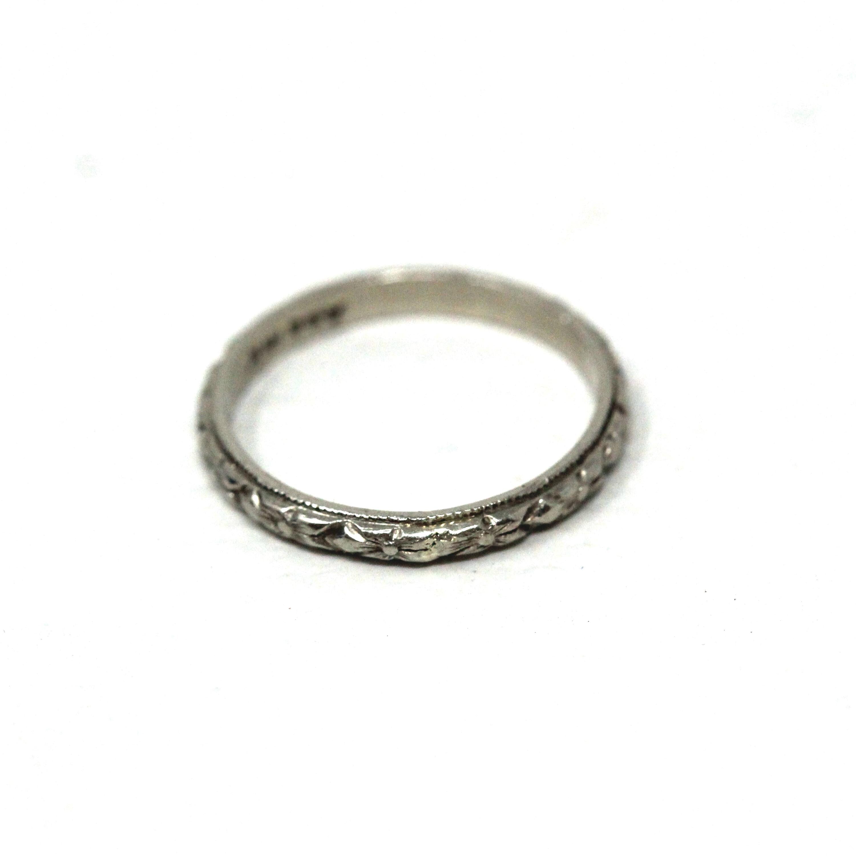 Vintage Baby Band - Art Deco 10k White Gold Orange Blossom Eternity Patterned Ring - Circa 1930s Era Size 1/2 Dainty Fine 30s Fine Jewelry