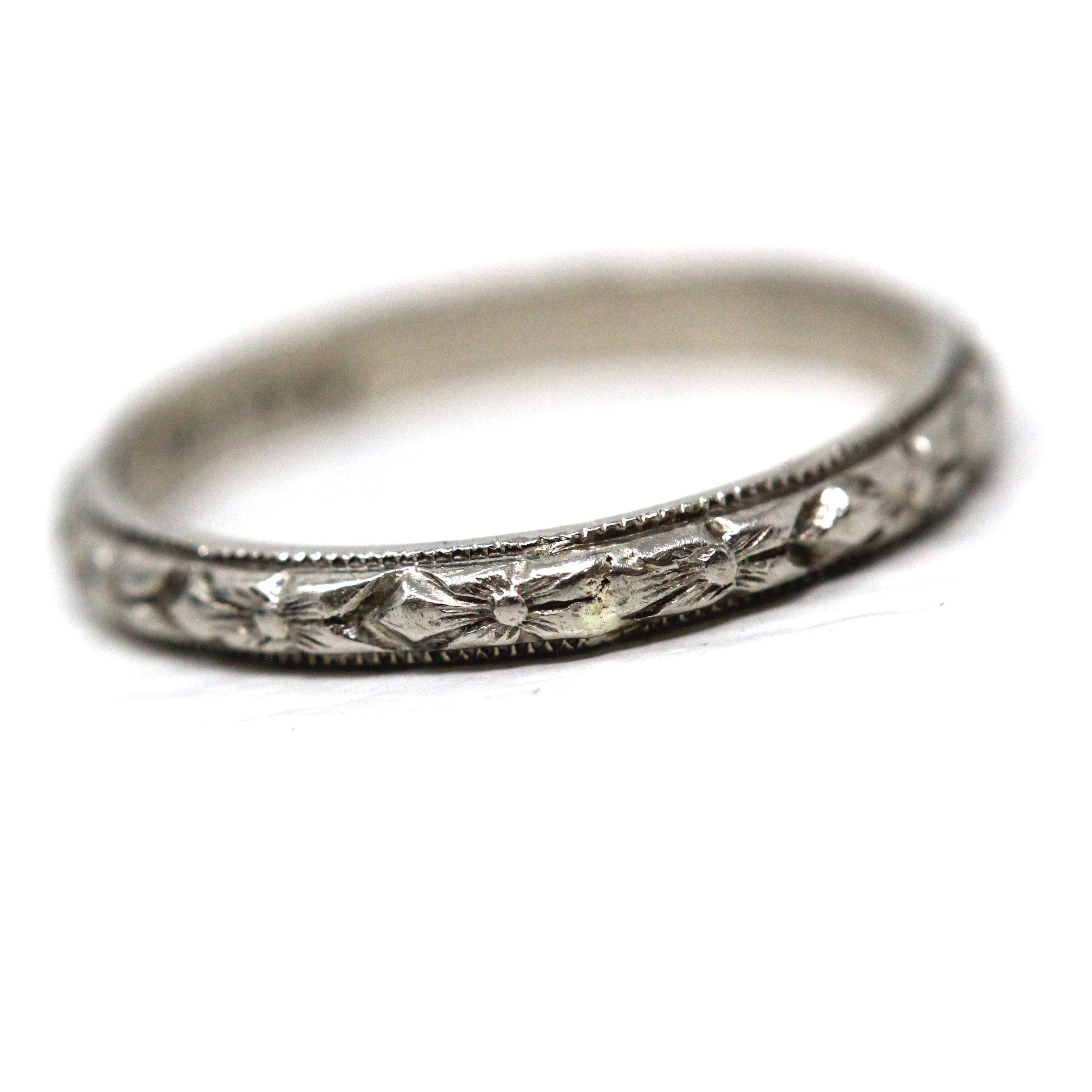 Vintage Baby Band - Art Deco 10k White Gold Orange Blossom Eternity Patterned Ring - Circa 1930s Era Size 1/2 Dainty Fine 30s Fine Jewelry