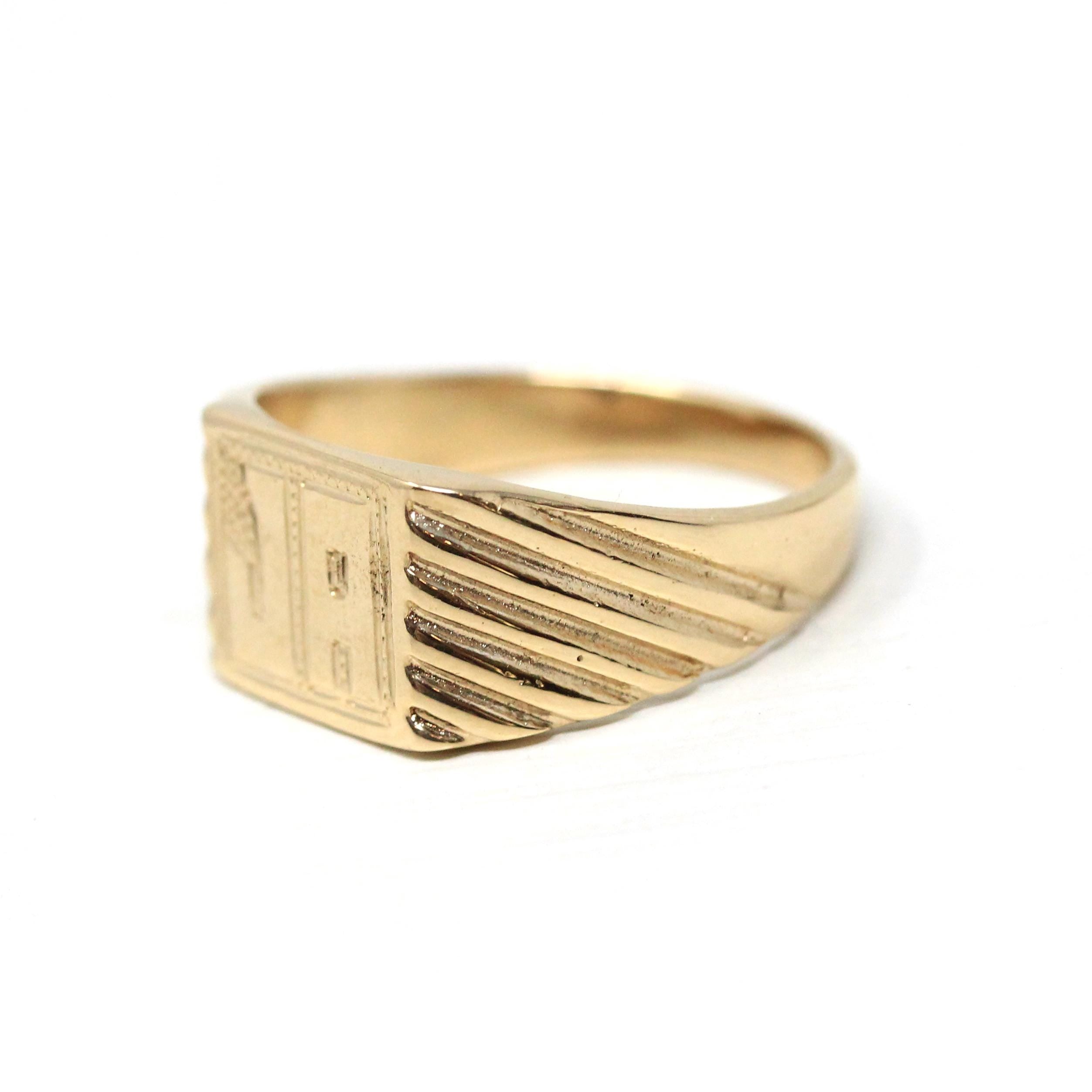 Letters "JA" Ring - Retro 14k Yellow Gold Engraved Cursive Initial Script Signet Band - Vintage Circa 1970s Size 7 Statement Fine Jewelry