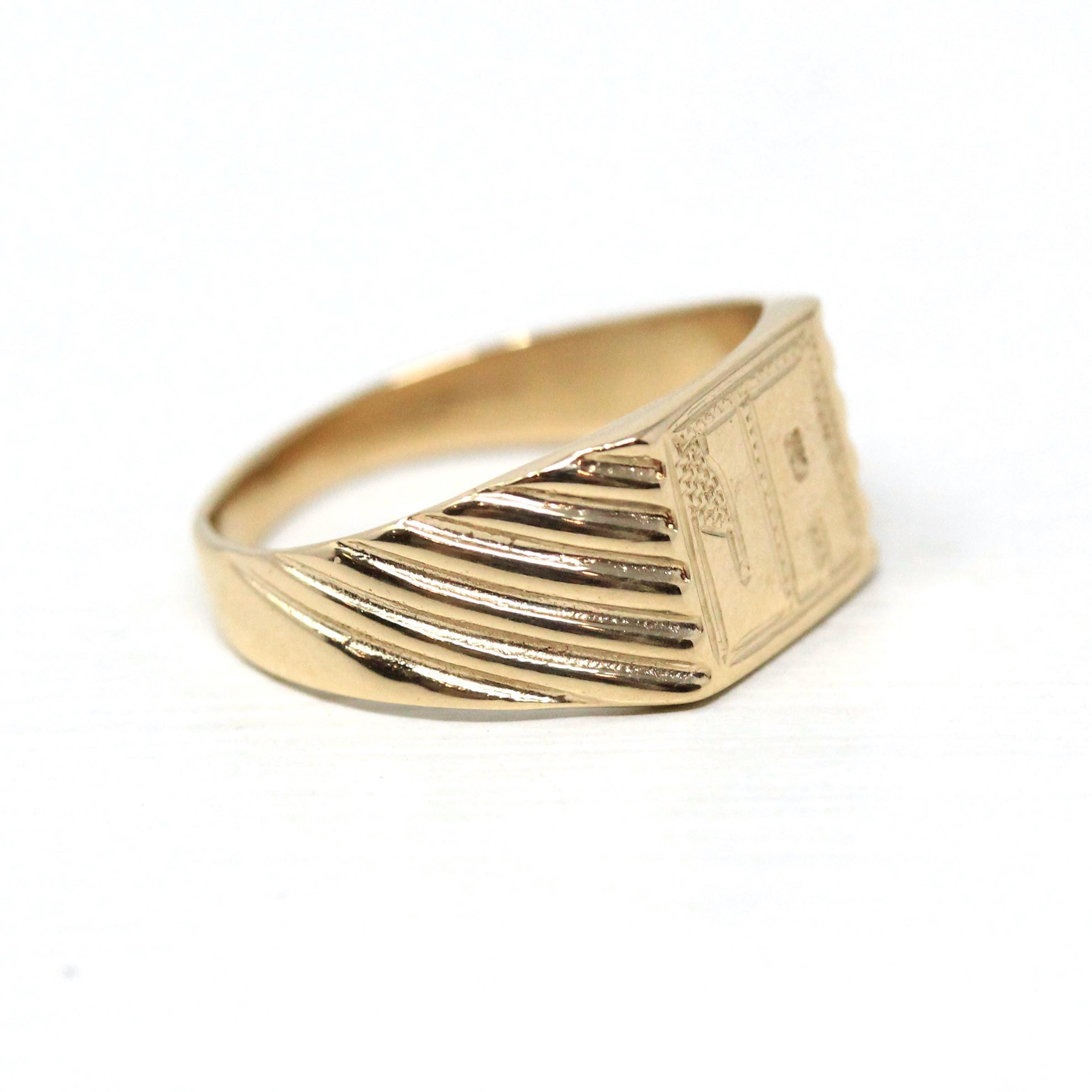 Letters "JA" Ring - Retro 14k Yellow Gold Engraved Cursive Initial Script Signet Band - Vintage Circa 1970s Size 7 Statement Fine Jewelry