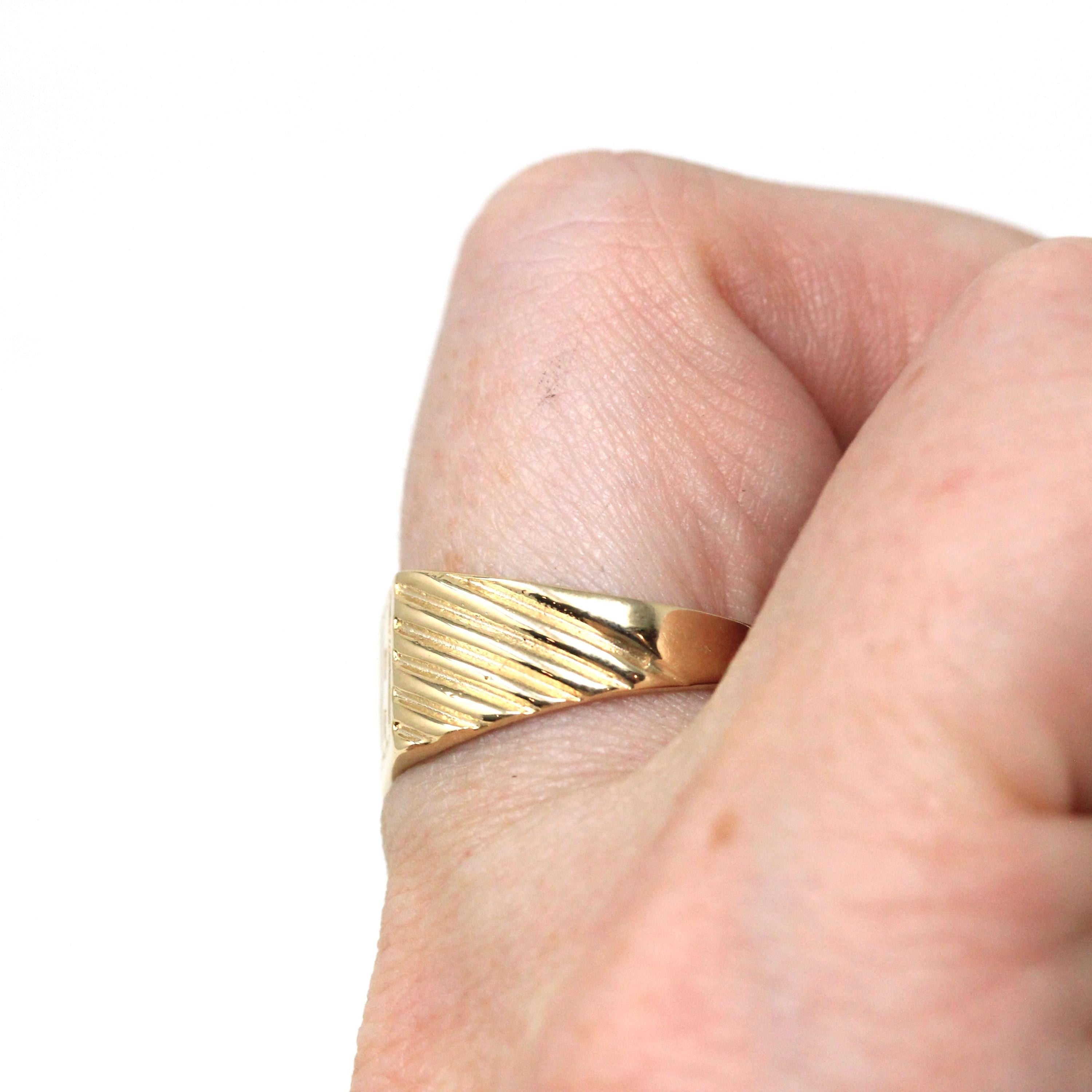 Letters "JA" Ring - Retro 14k Yellow Gold Engraved Cursive Initial Script Signet Band - Vintage Circa 1970s Size 7 Statement Fine Jewelry