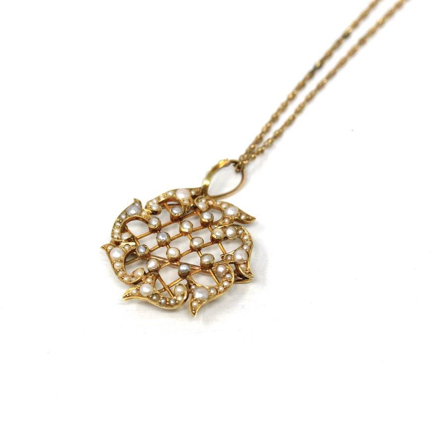 Antique Lattice Necklace - Edwardian 15CT English Yellow Gold & Seed Pearls Brooch Pendant - Circa 1910s Fine Floral Nature Inspired Jewelry