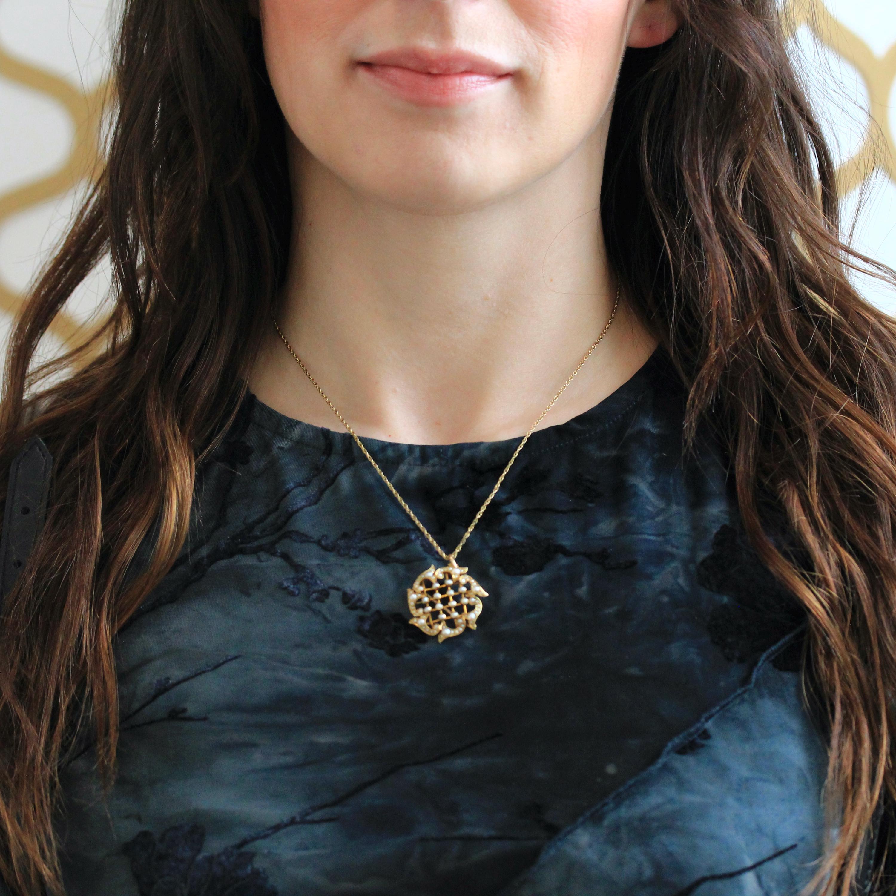 Antique Lattice Necklace - Edwardian 15CT English Yellow Gold & Seed Pearls Brooch Pendant - Circa 1910s Fine Floral Nature Inspired Jewelry