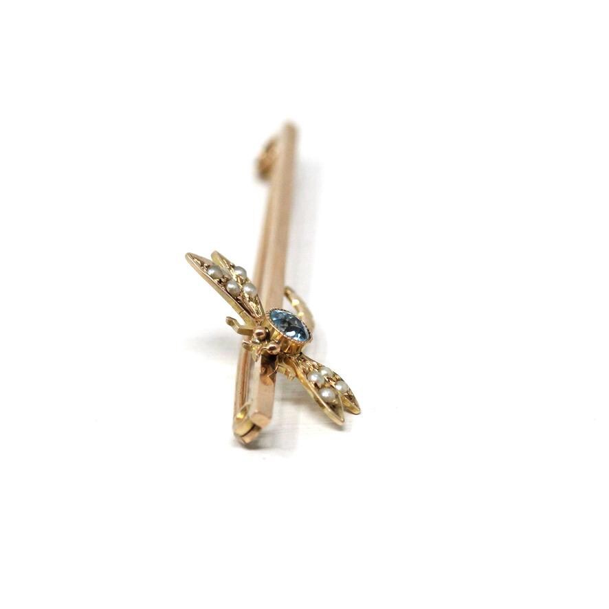 Zircon Dragonfly Brooch - Edwardian 9k Yellow Gold Natural Blue Gem Seed Pearls - Antique 1910s Bug Insect December Birthstone Fine Jewelry