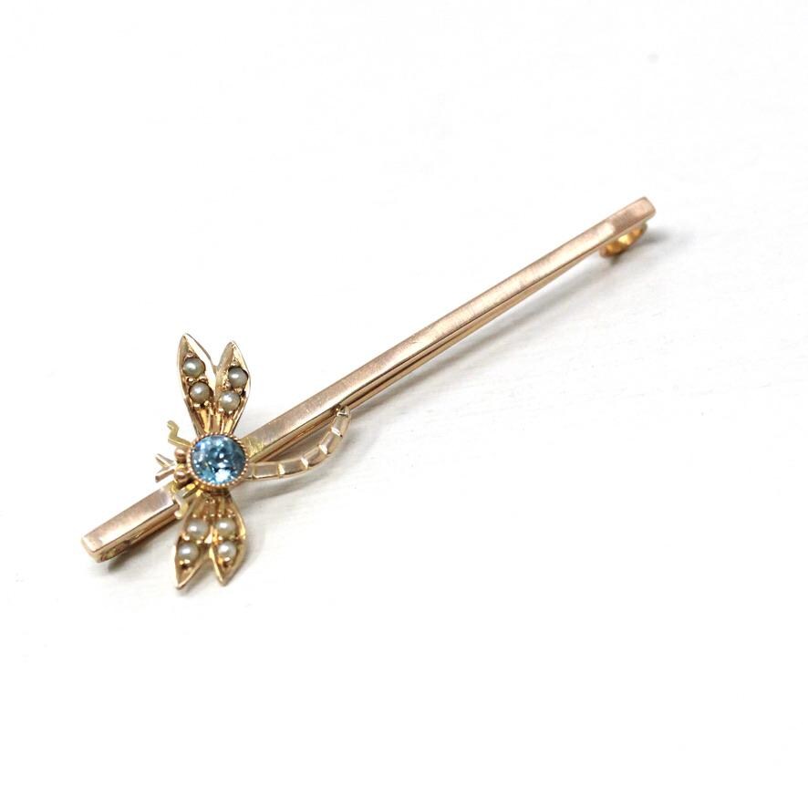 Zircon Dragonfly Brooch - Edwardian 9k Yellow Gold Natural Blue Gem Seed Pearls - Antique 1910s Bug Insect December Birthstone Fine Jewelry