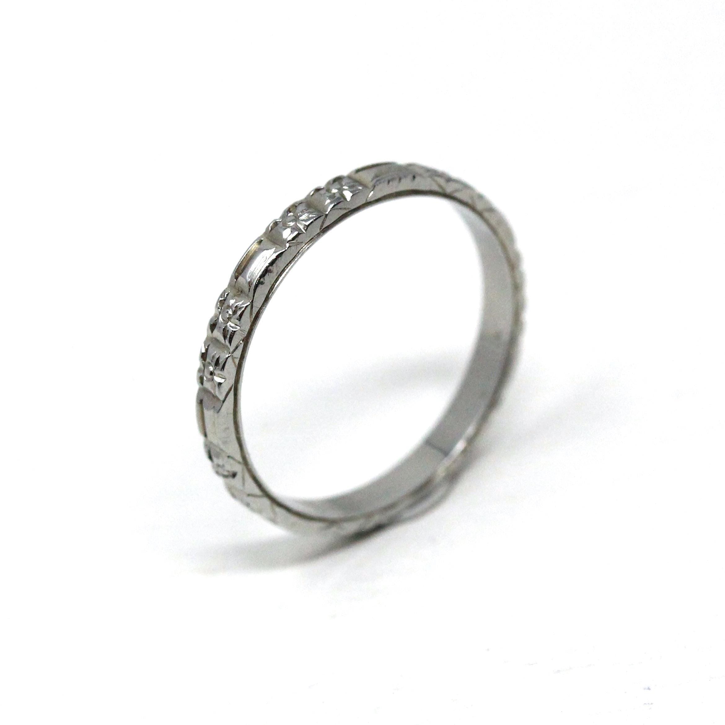 Belais Wedding Band - Art Deco Era 18k White Gold Eternity Design 2.19 MM Ring - Vintage Circa 1930s Size 5 Stacking Bridal Fine 20s Jewelry