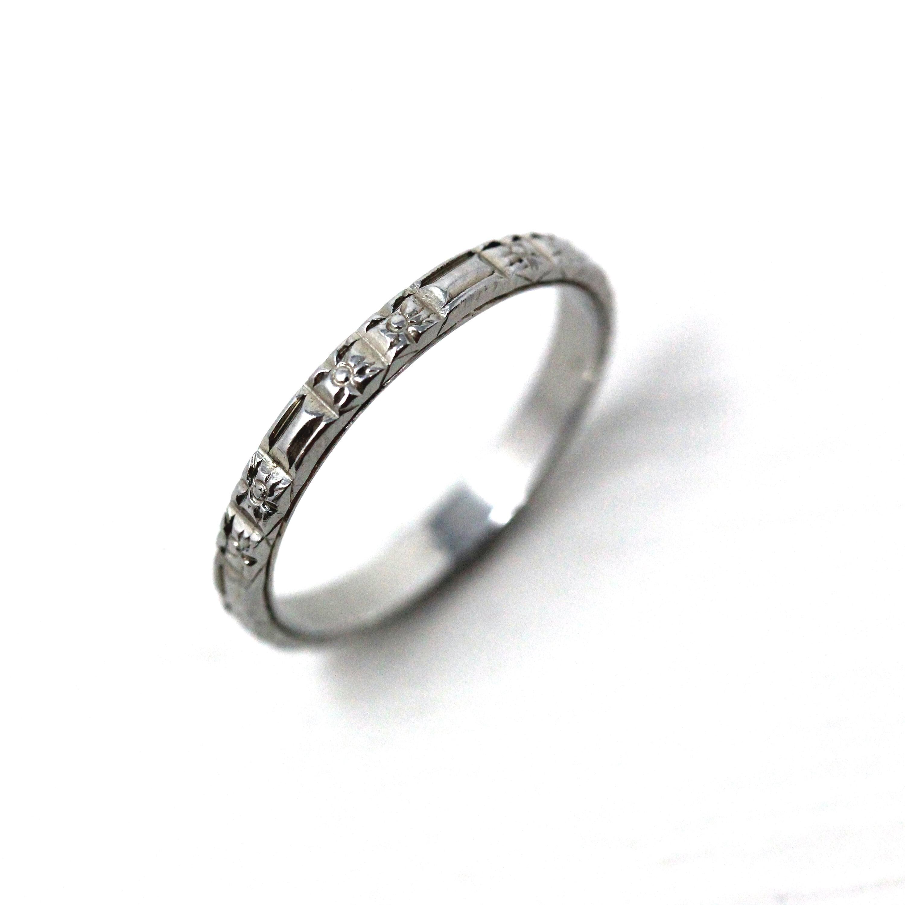 Belais Wedding Band - Art Deco Era 18k White Gold Eternity Design 2.19 MM Ring - Vintage Circa 1930s Size 5 Stacking Bridal Fine 20s Jewelry