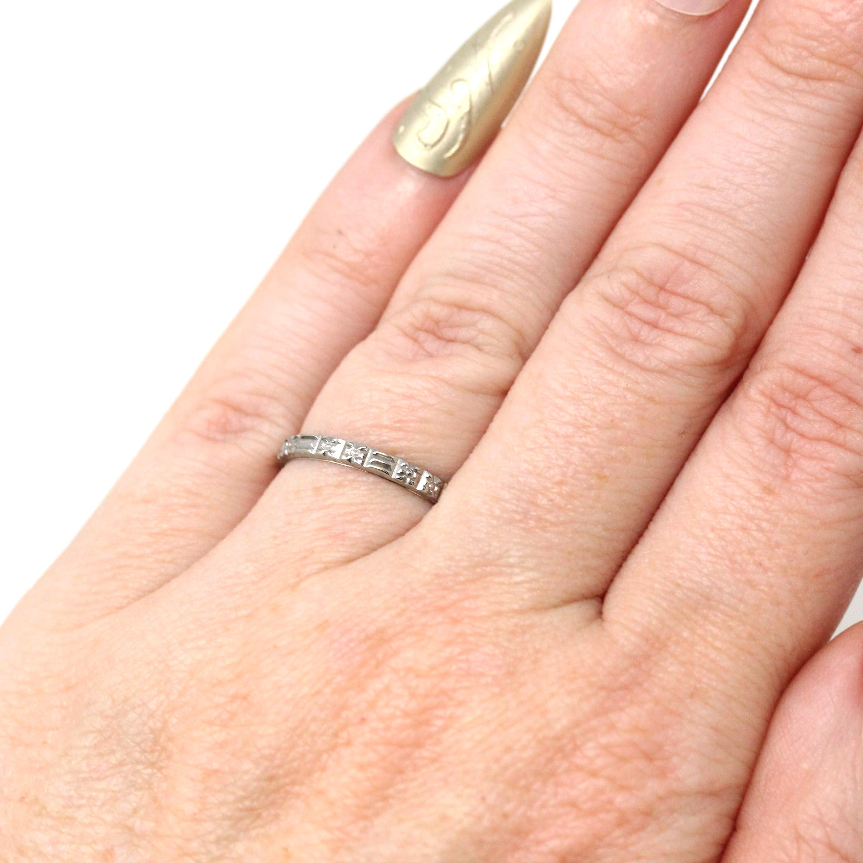 Belais Wedding Band - Art Deco Era 18k White Gold Eternity Design 2.19 MM Ring - Vintage Circa 1930s Size 5 Stacking Bridal Fine 20s Jewelry