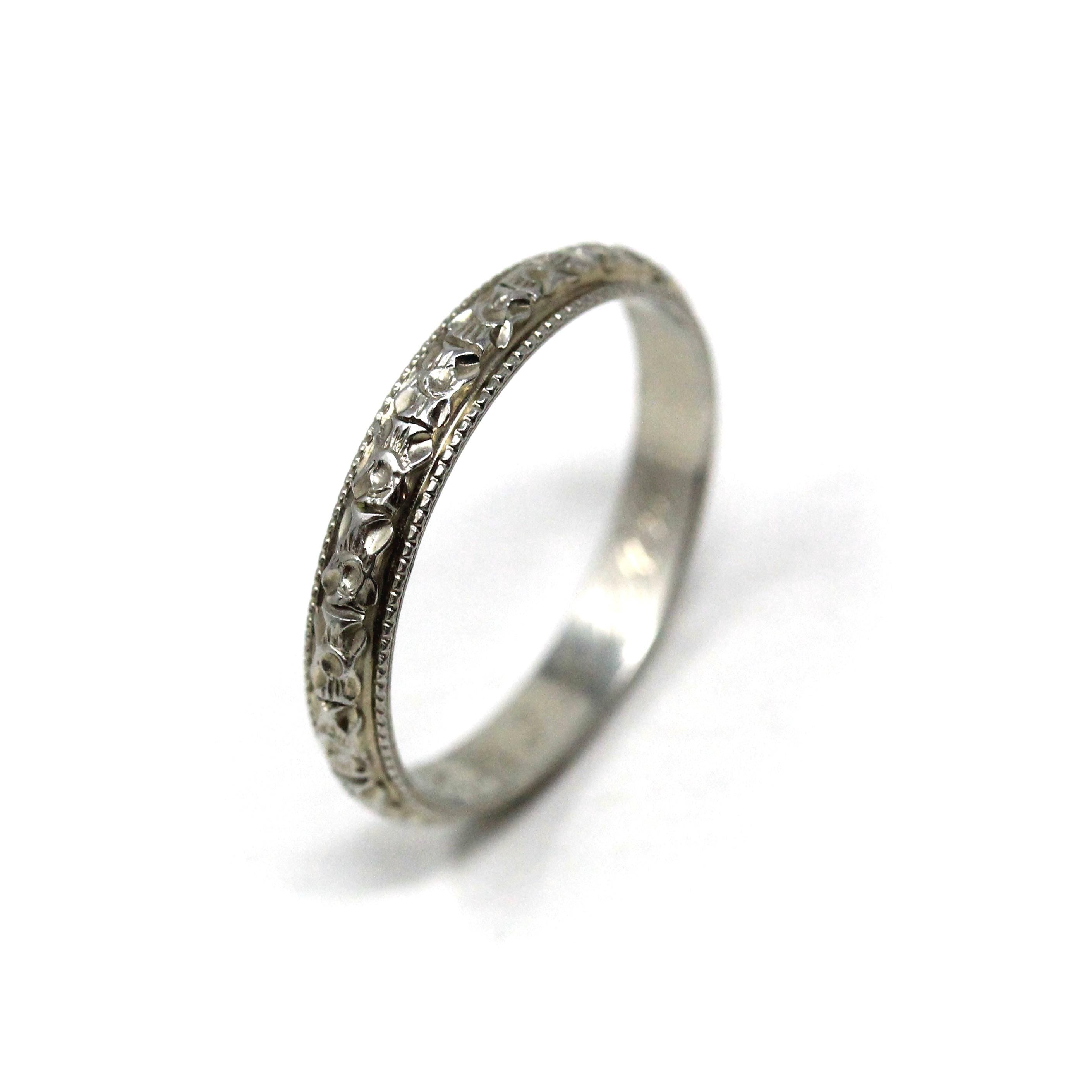 Floral Wedding Band - Vintage Art Deco 18k White Gold Flower Eternity Ring - Circa 1930s Era Size 6 3/4 Bridal Unisex Engraved Fine Jewelry