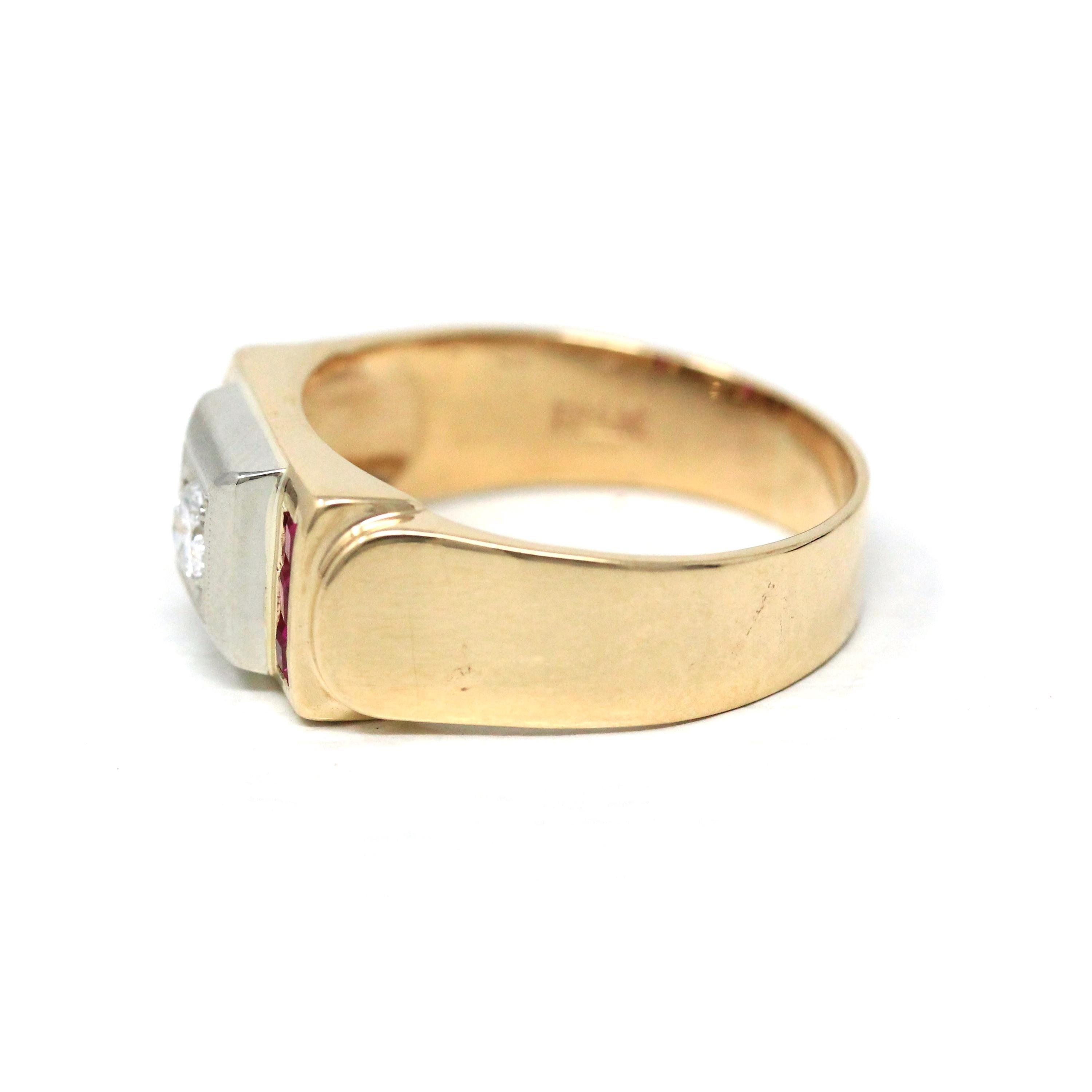 Vintage Diamond Ring - Retro 14k Yellow & White Gold Created Ruby Statement - Circa 1940s Size 10 1/4 Two Tone Men's Unisex Fine 40s Jewelry
