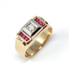 Vintage Diamond Ring - Retro 14k Yellow & White Gold Created Ruby Statement - Circa 1940s Size 10 1/4 Two Tone Men's Unisex Fine 40s Jewelry