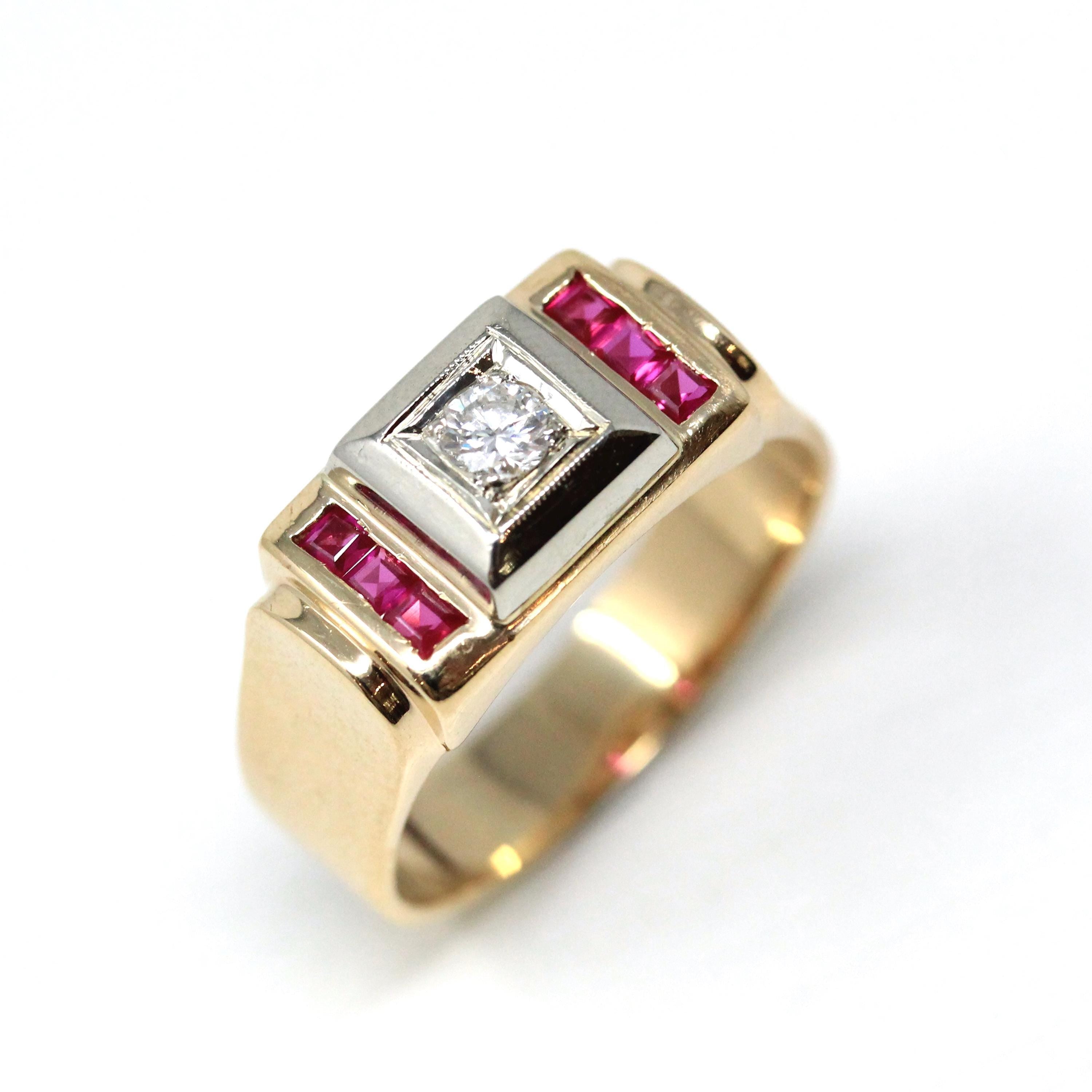 Vintage Diamond Ring - Retro 14k Yellow & White Gold Created Ruby Statement - Circa 1940s Size 10 1/4 Two Tone Men's Unisex Fine 40s Jewelry
