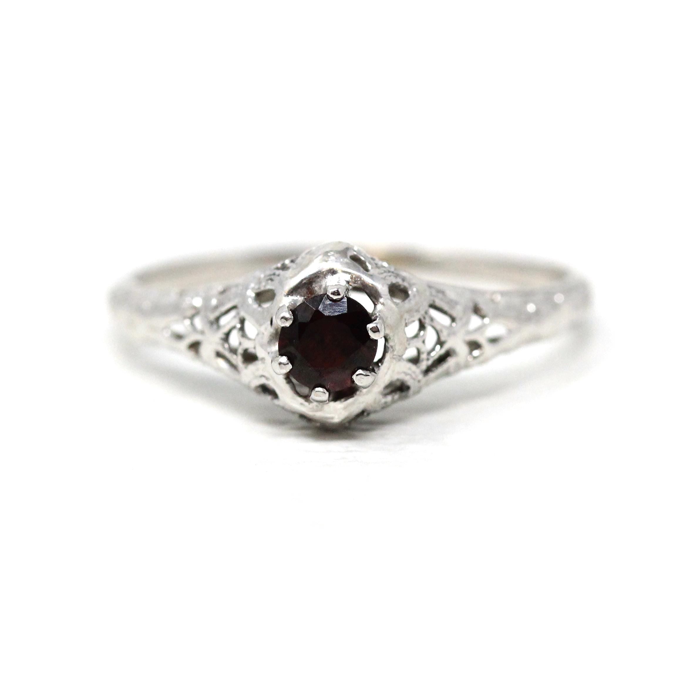 Art Deco Garnet Ring - Vintage 18k White Gold Natural Red Gemstone - Circa 1930s Era Size 8 3/4 Filigree January Birthstone Fine 30s Jewelry