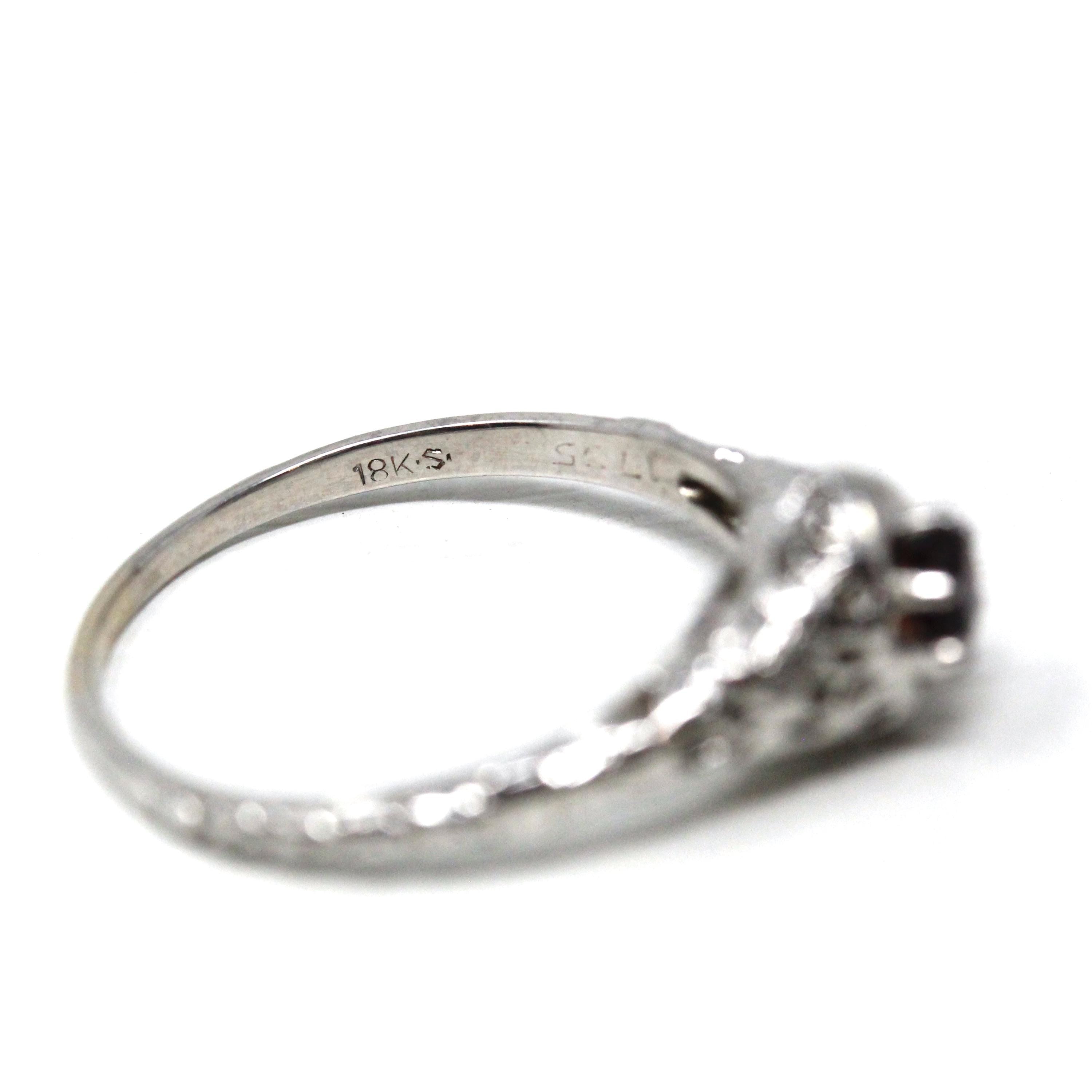 Art Deco Garnet Ring - Vintage 18k White Gold Natural Red Gemstone - Circa 1930s Era Size 8 3/4 Filigree January Birthstone Fine 30s Jewelry