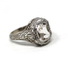 Antique Aquamarine Ring - Art Deco Era 14k White Gold Light Blue Gemstone - Vintage 1920s Size 5 1/4 Filigree Fine March Birthstone Jewelry