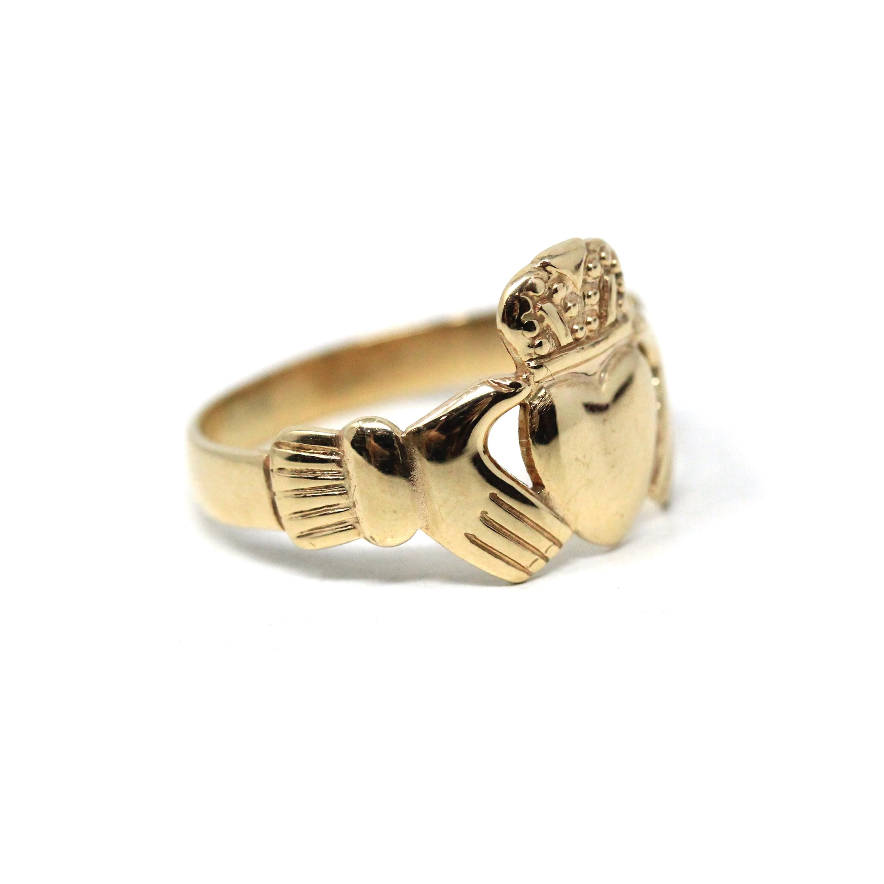 Vintage Claddagh Ring - Retro 9ct Yellow Gold Heart Clasped Hand Crown - Hallmarked 1987 Size 7 Friendship Love Loyalty Fine Irish Jewelry