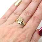 Vintage Claddagh Ring - Retro 9ct Yellow Gold Heart Clasped Hand Crown - Hallmarked 1987 Size 7 Friendship Love Loyalty Fine Irish Jewelry