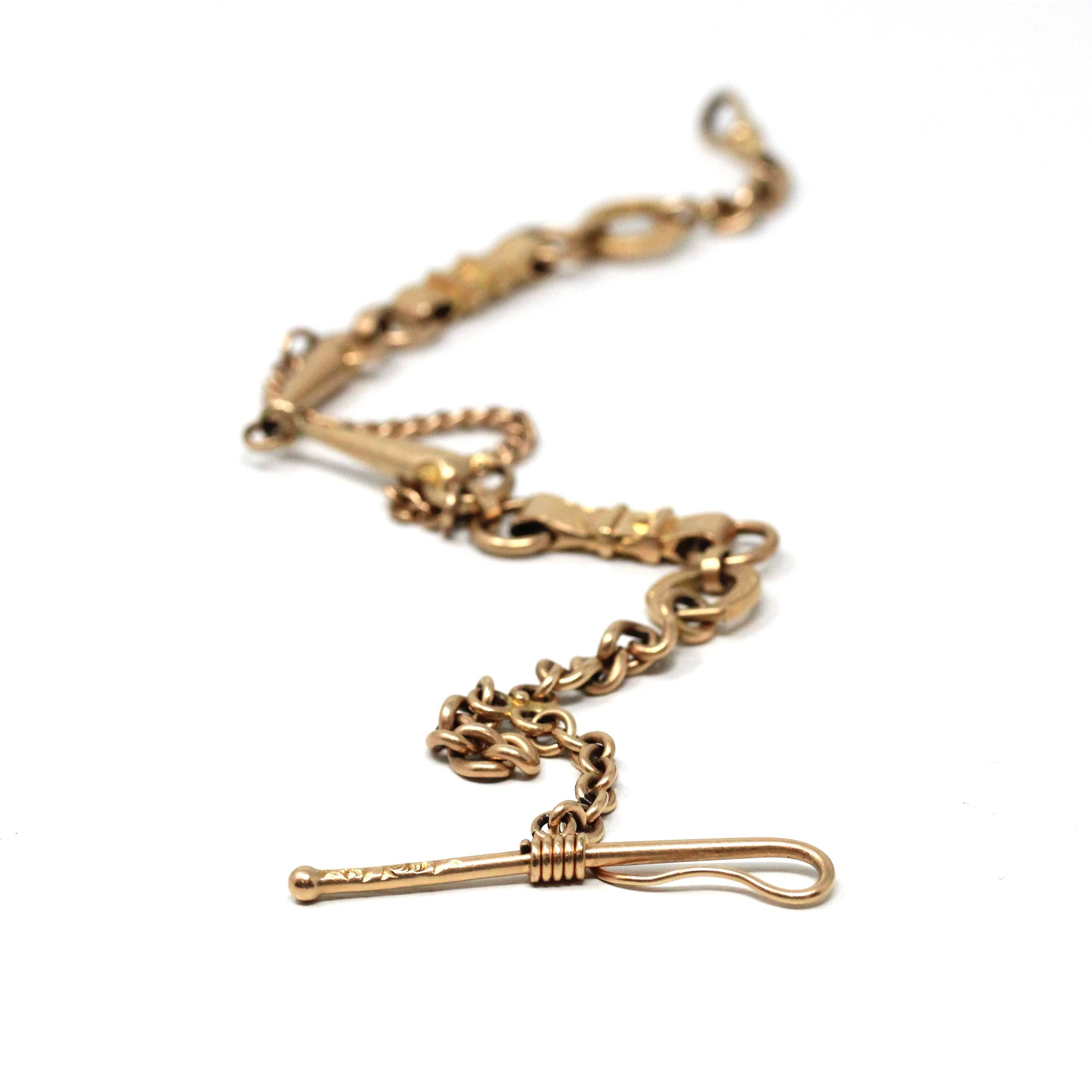 Equestrian Pocket Watch Chain - Victorian Gold Filled Riding Crop T Bar Swivel Clip - Antique Circa 1890s Era Horse Bridle Unisex Jewelry