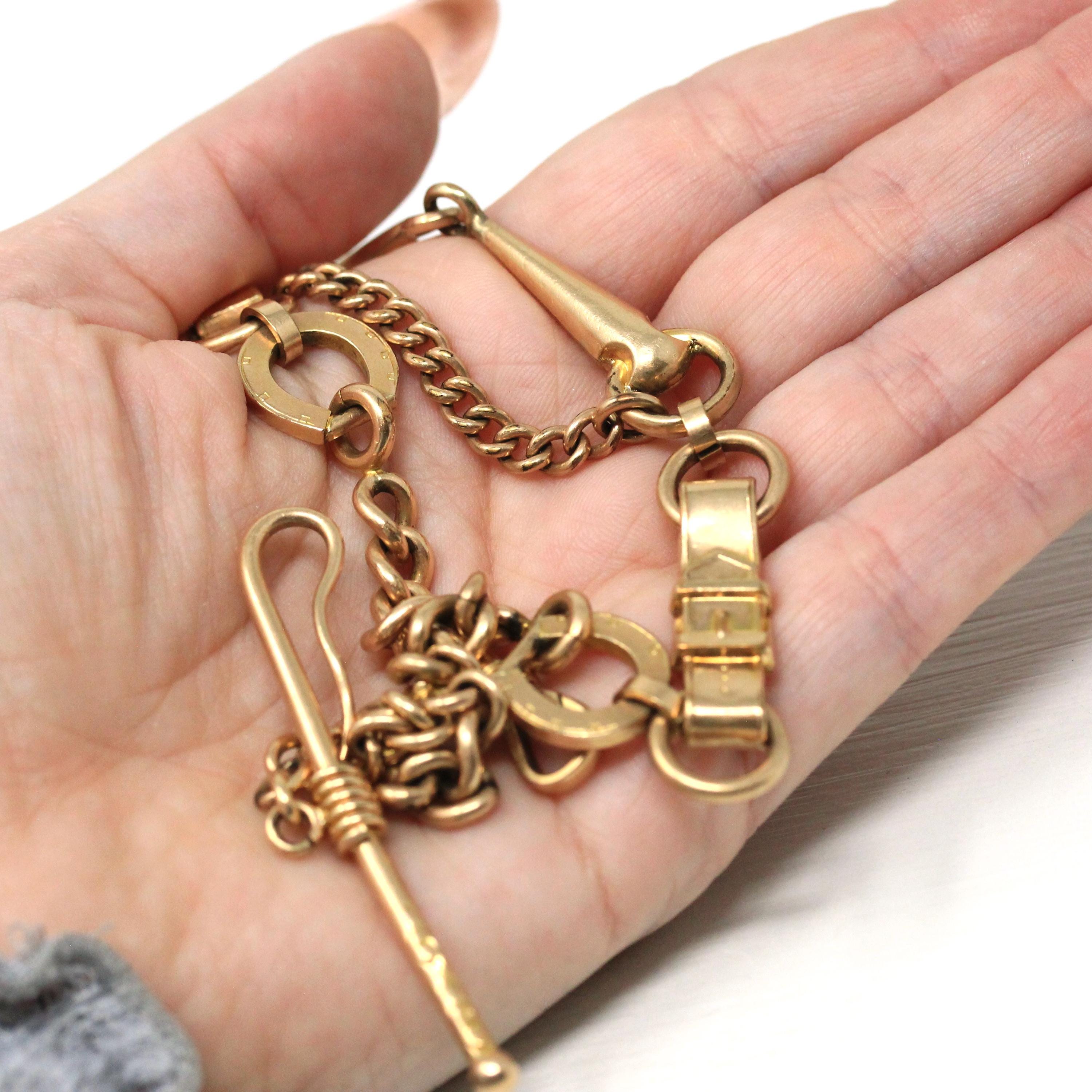 Equestrian Pocket Watch Chain - Victorian Gold Filled Riding Crop T Bar Swivel Clip - Antique Circa 1890s Era Horse Bridle Unisex Jewelry