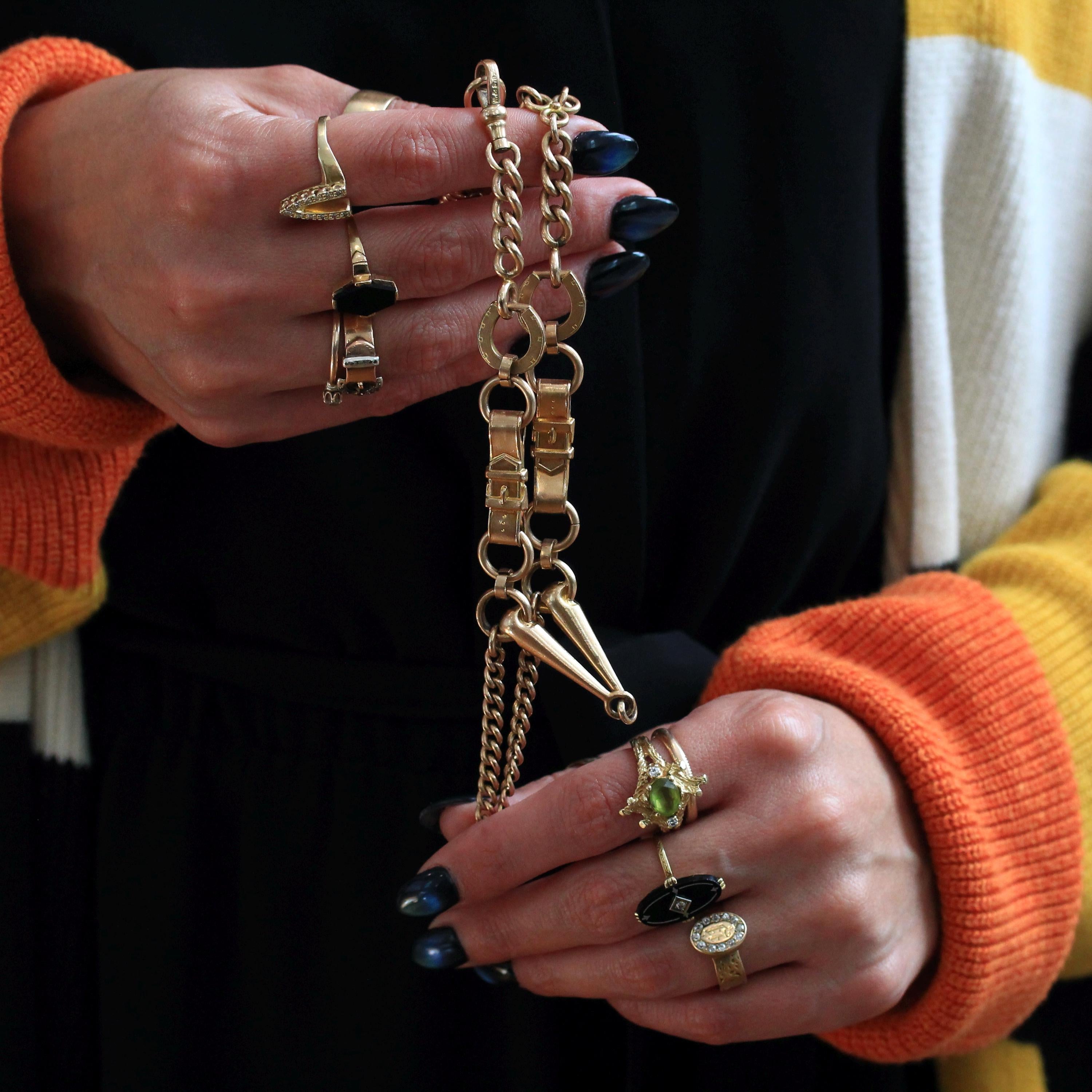 Equestrian Pocket Watch Chain - Victorian Gold Filled Riding Crop T Bar Swivel Clip - Antique Circa 1890s Era Horse Bridle Unisex Jewelry