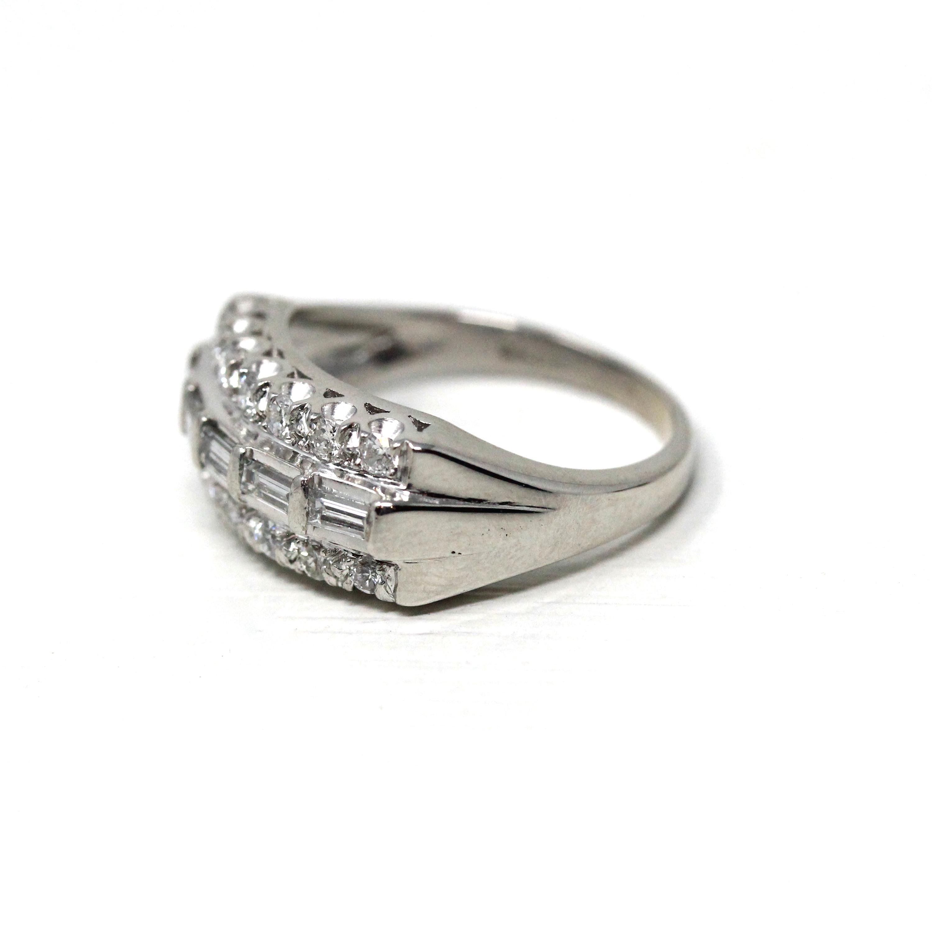 Platinum Diamond Band - Mid Century .65 CTW Natural Round & Baguette Cuts - Circa 1950s Size 6 Fine Wedding Band Qualitative Report Jewelry