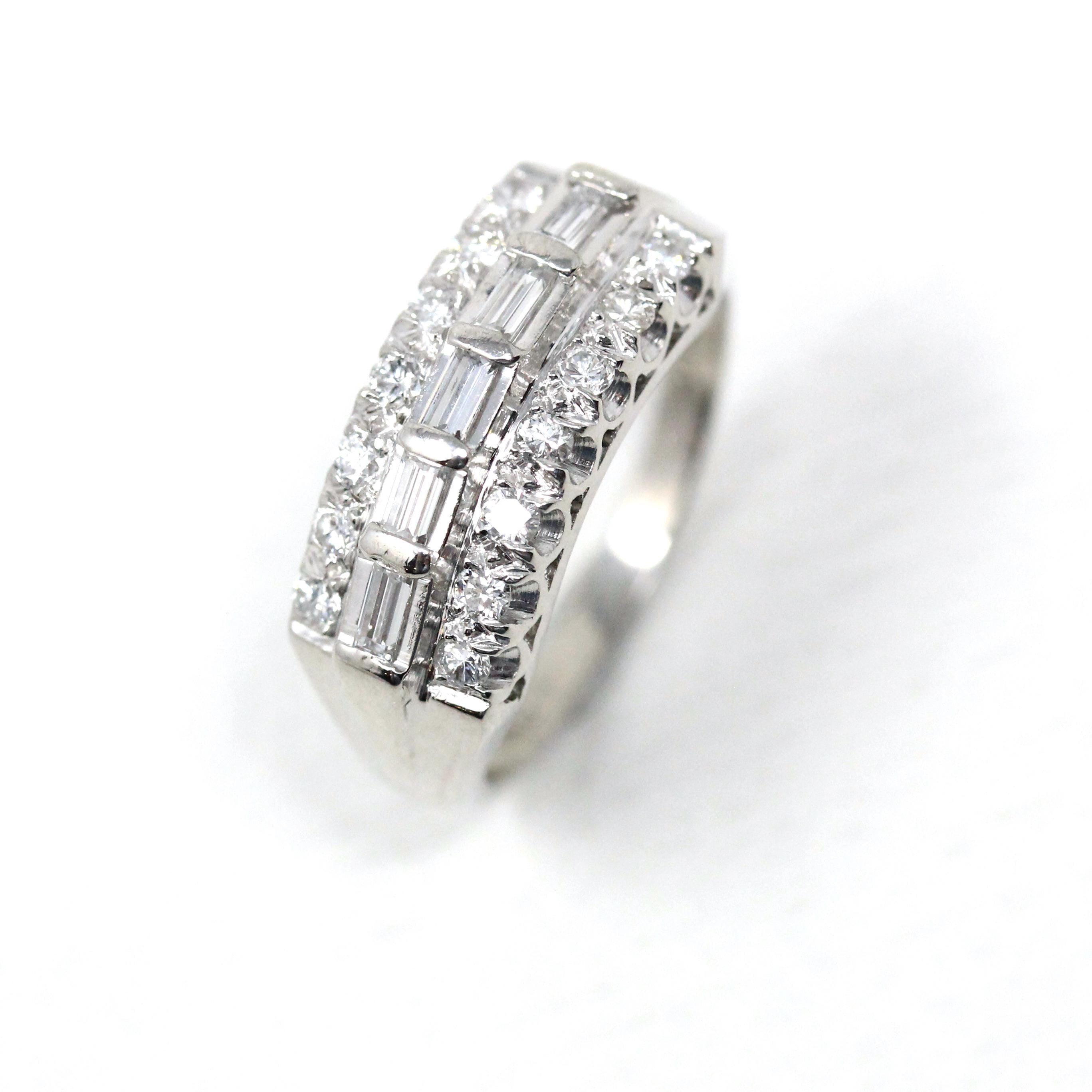 Platinum Diamond Band - Mid Century .65 CTW Natural Round & Baguette Cuts - Circa 1950s Size 6 Fine Wedding Band Qualitative Report Jewelry