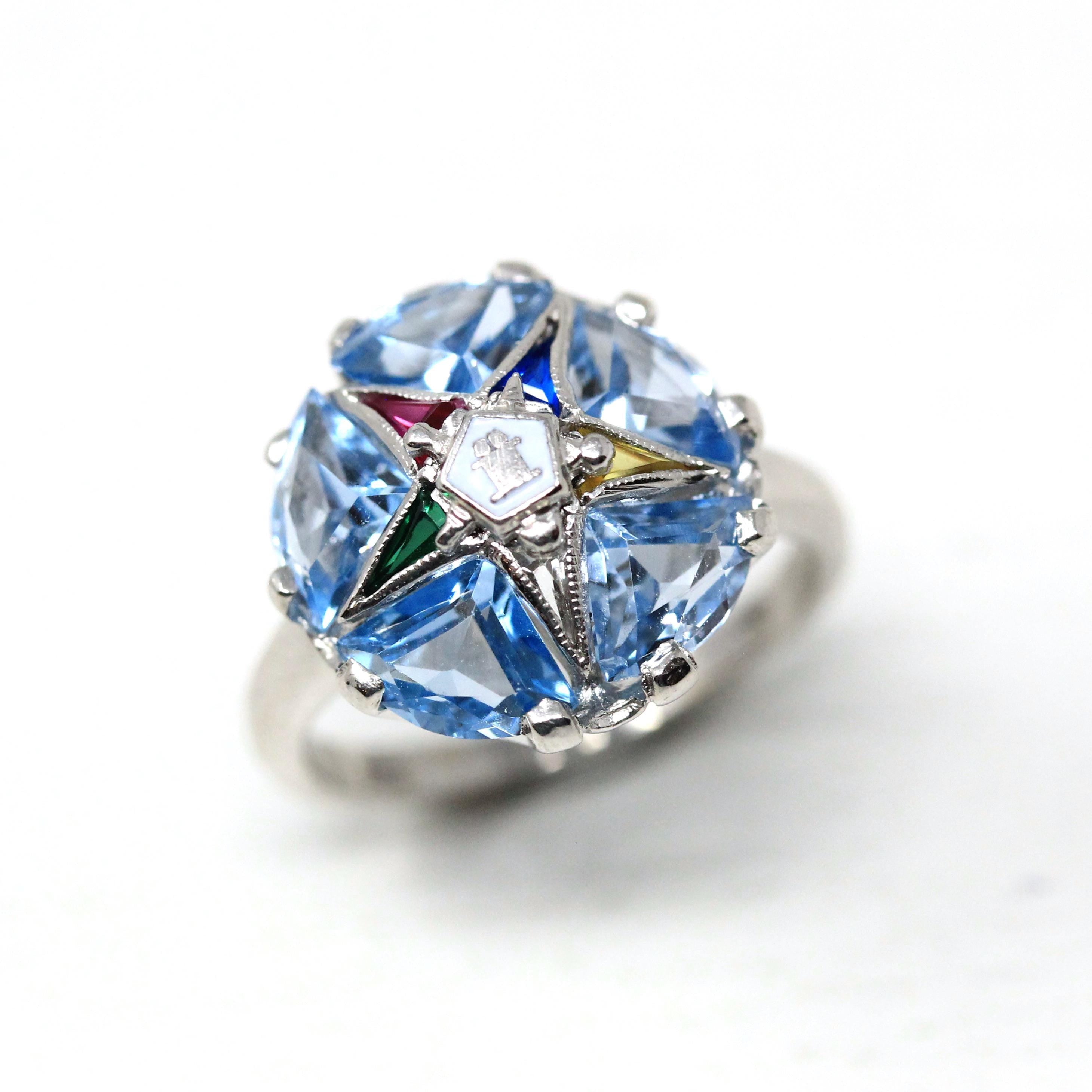 Vintage OES Ring - Mid Century 10k White Gold Created Spinel & Sapphire Statement - Circa 1950s Size 3 1/2 Order Of The Eastern Star Jewelry