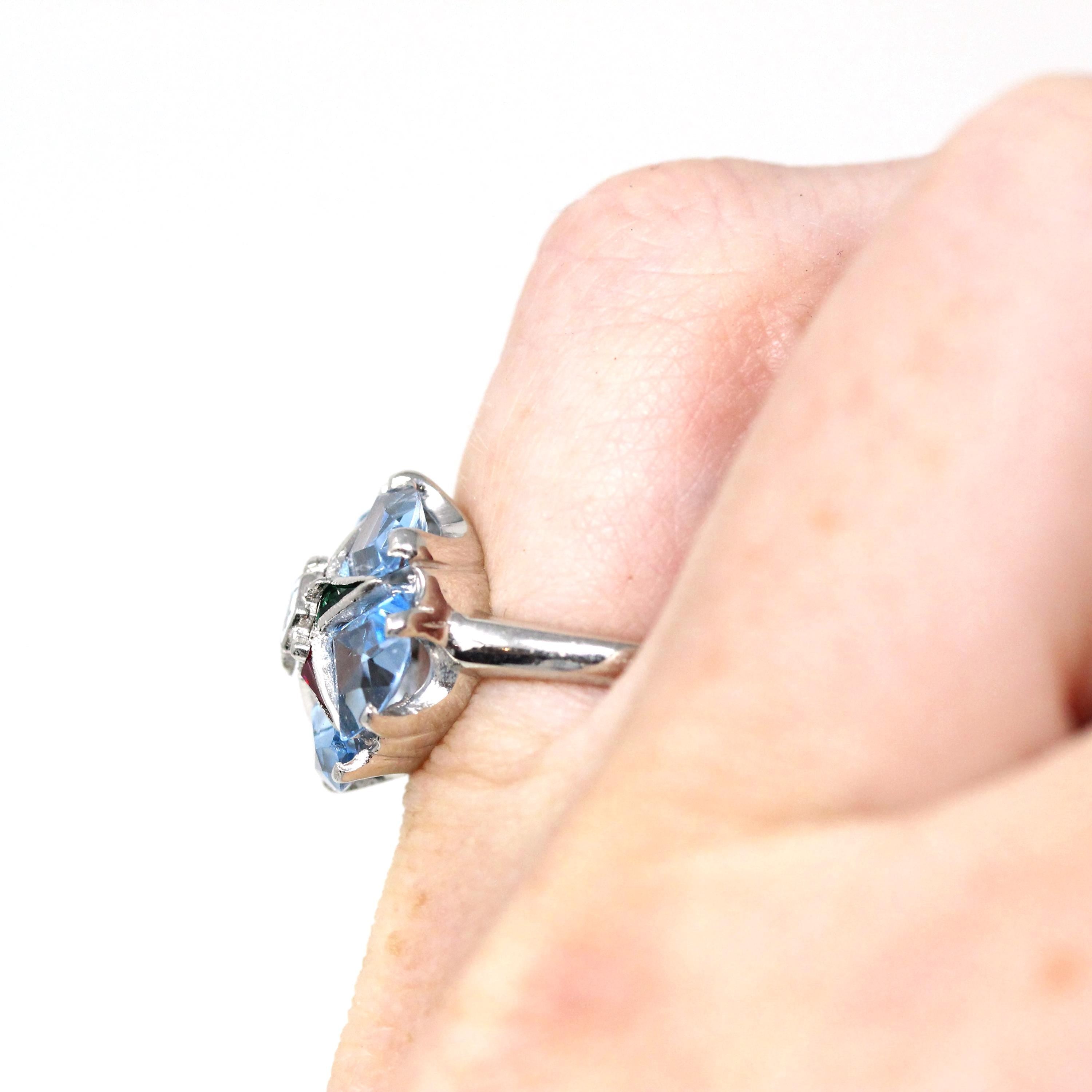 Vintage OES Ring - Mid Century 10k White Gold Created Spinel & Sapphire Statement - Circa 1950s Size 3 1/2 Order Of The Eastern Star Jewelry