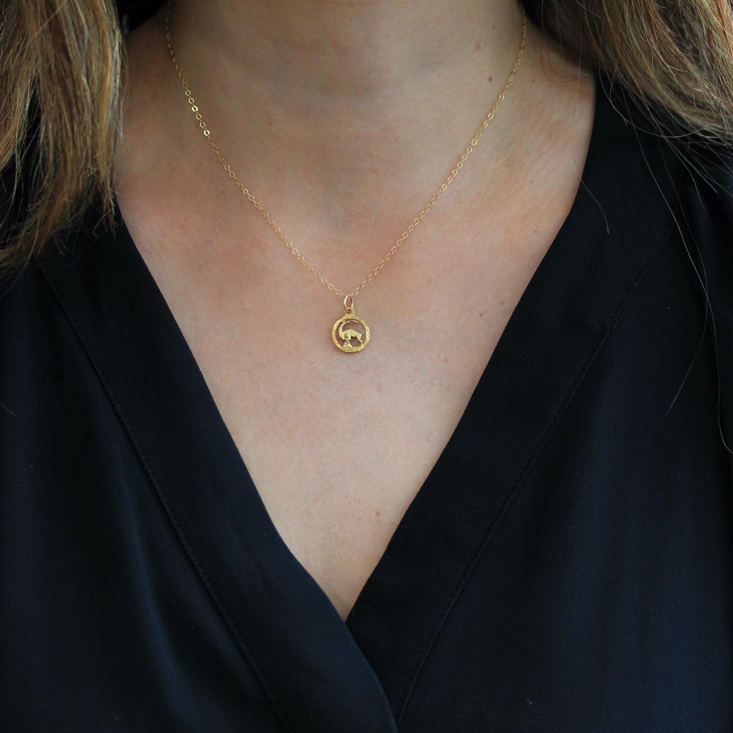 Ram Aries Pendant - Modern 14k Yellow Gold Astrological Sign Necklace Charm - Circa 1990s Zodiac Celestial Fire Element Dainty Fine Jewelry