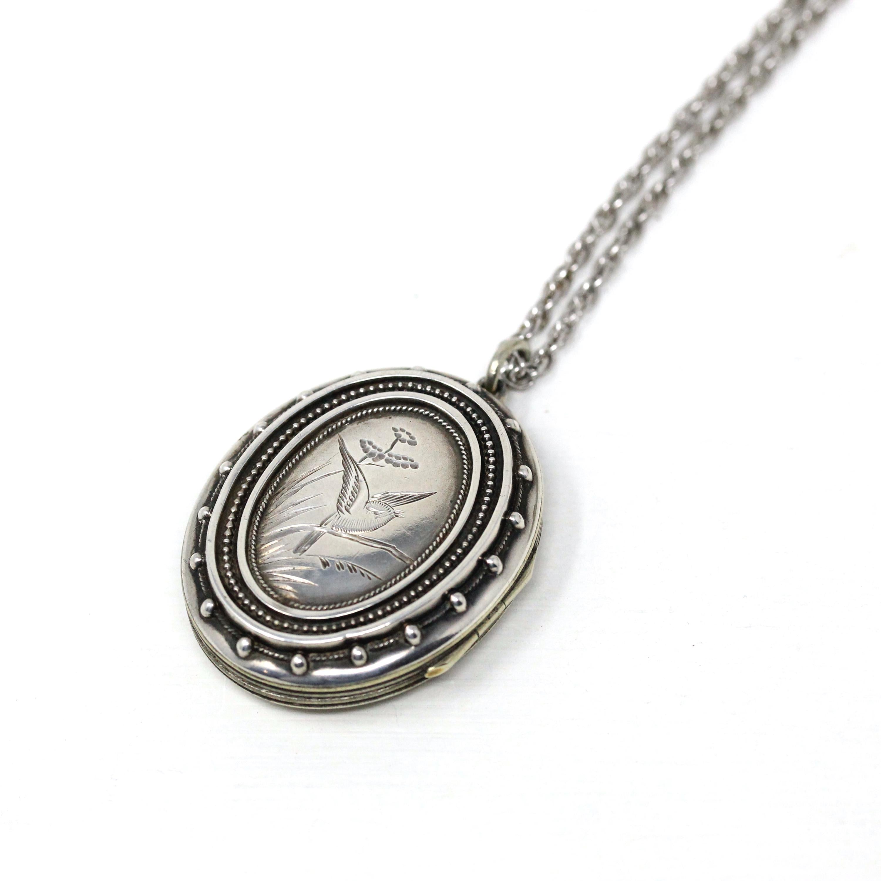 Antique Bird Locket Victorian Era Silver Plated Engraved Oval - Main Image