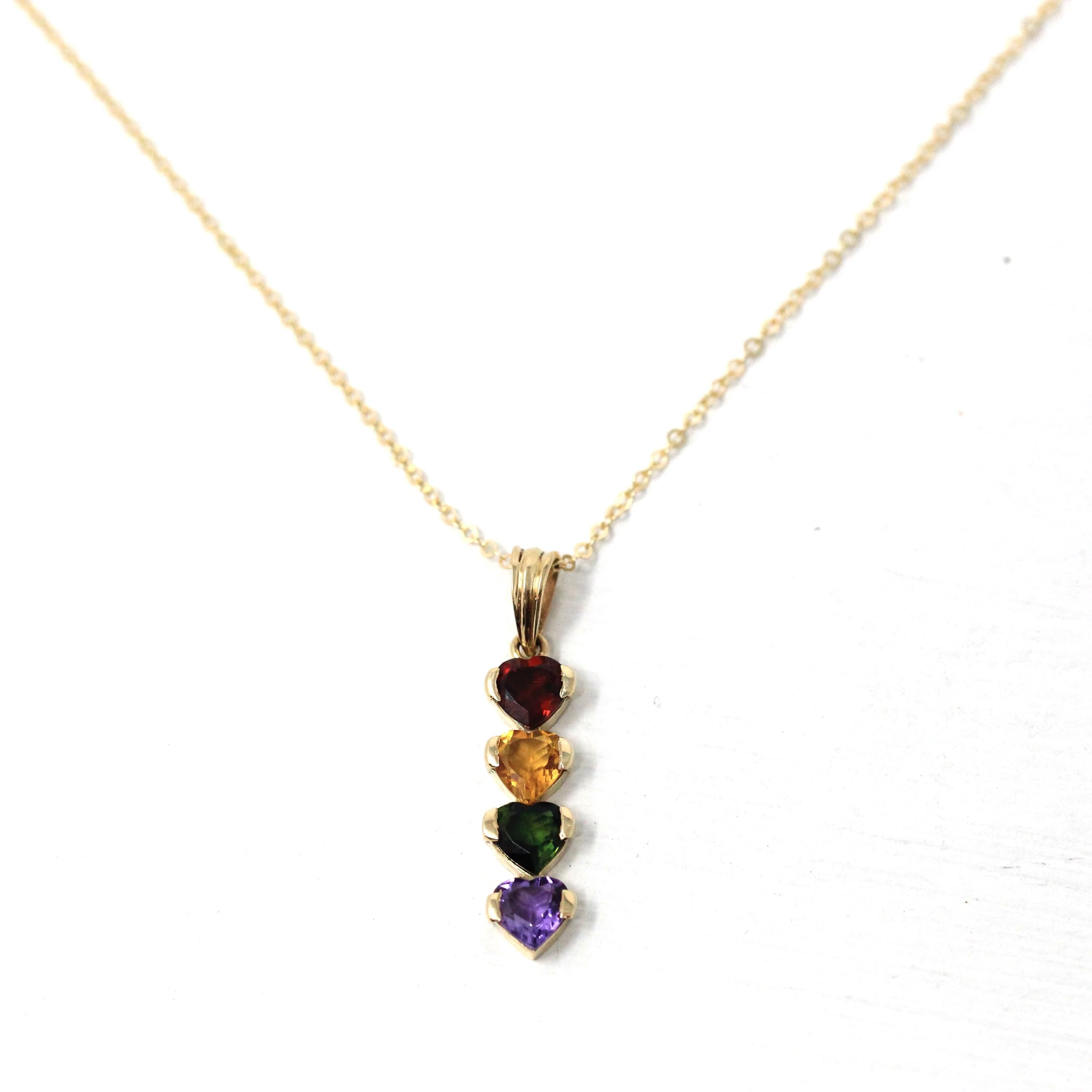 Gemstone Hearts Necklace - Estate 14k Yellow Gold Rainbow Birthstones - Circa 2000's Era Garnet Citrine Tourmaline Amethyst Fine Y2K Jewelry