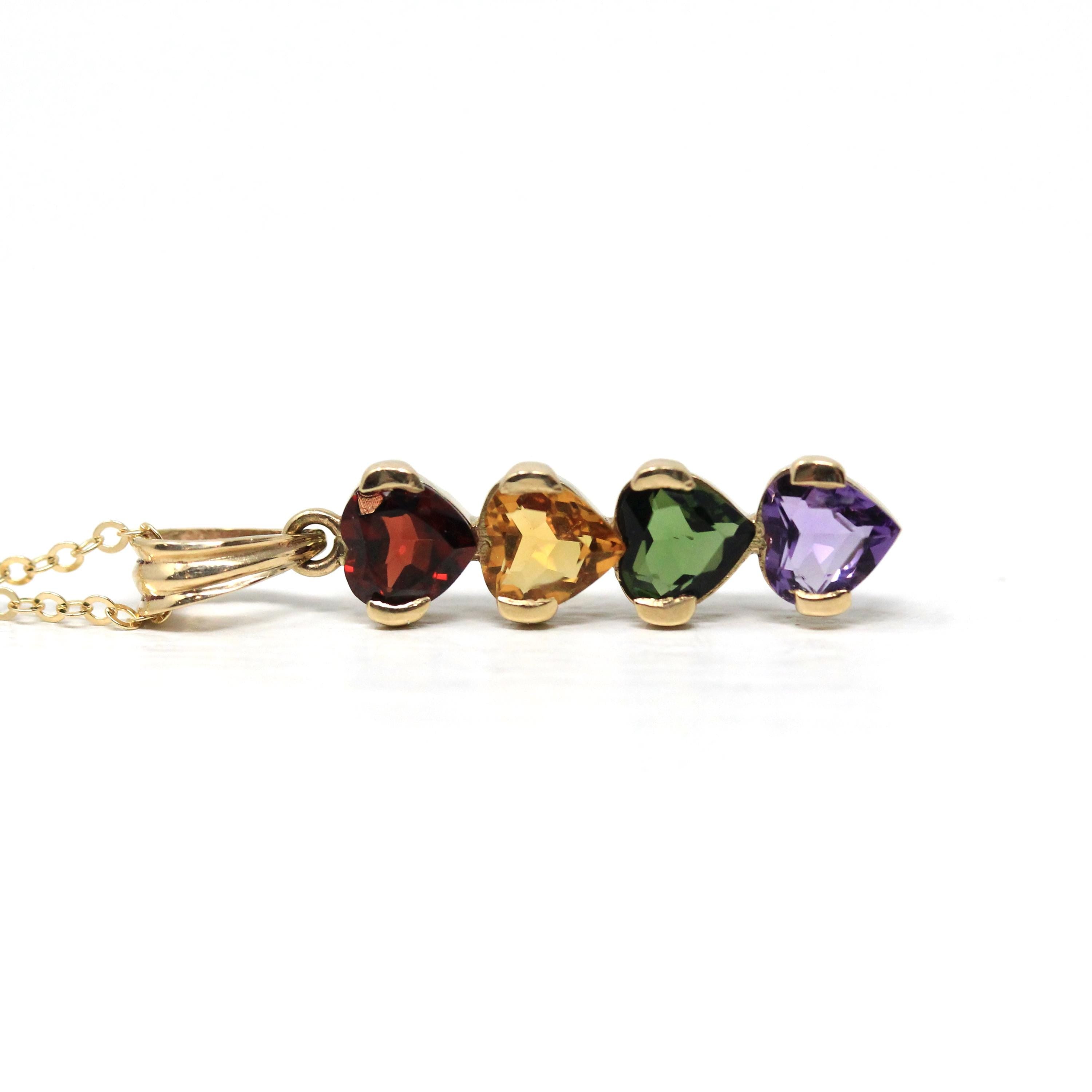 Gemstone Hearts Necklace - Estate 14k Yellow Gold Rainbow Birthstones - Circa 2000's Era Garnet Citrine Tourmaline Amethyst Fine Y2K Jewelry
