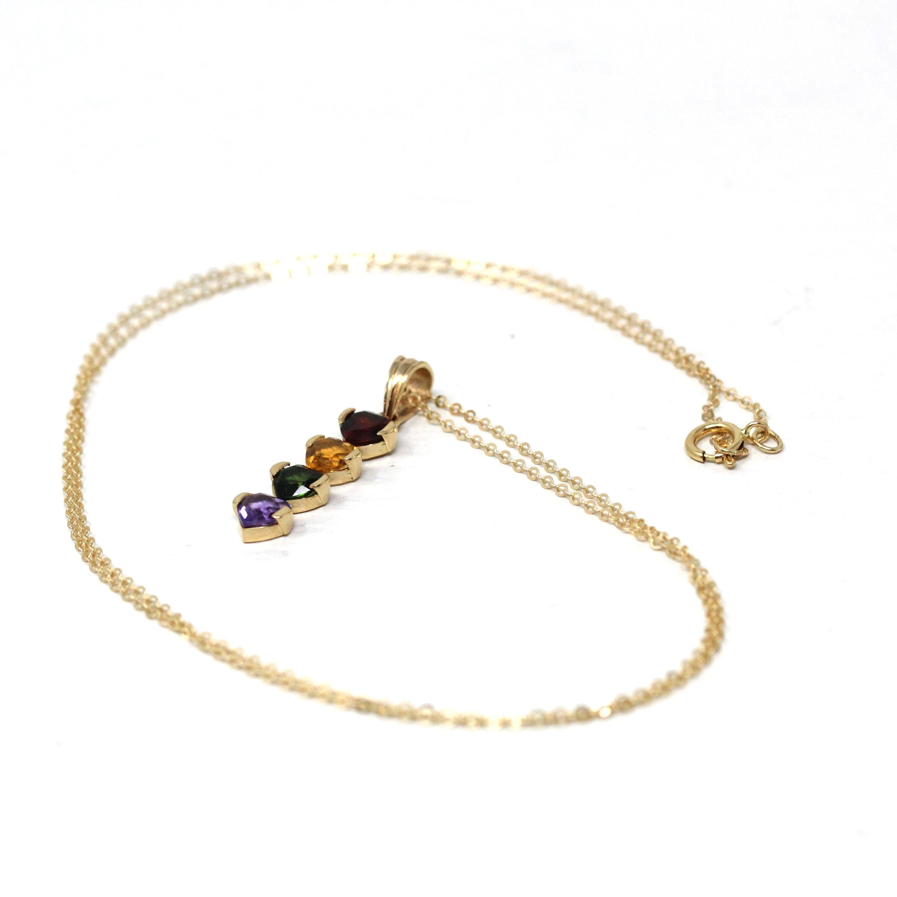 Gemstone Hearts Necklace - Estate 14k Yellow Gold Rainbow Birthstones - Circa 2000's Era Garnet Citrine Tourmaline Amethyst Fine Y2K Jewelry