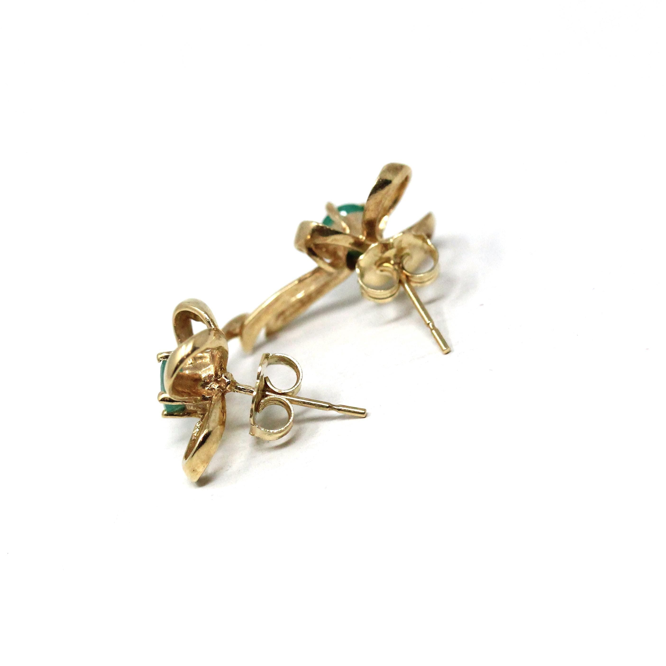 Emerald Bow Earrings - Vintage 14k Yellow Gold Round Faceted .43 CTW Natural Green Gemstone Studs - Estate 90's May Birthstone Fine Jewelry