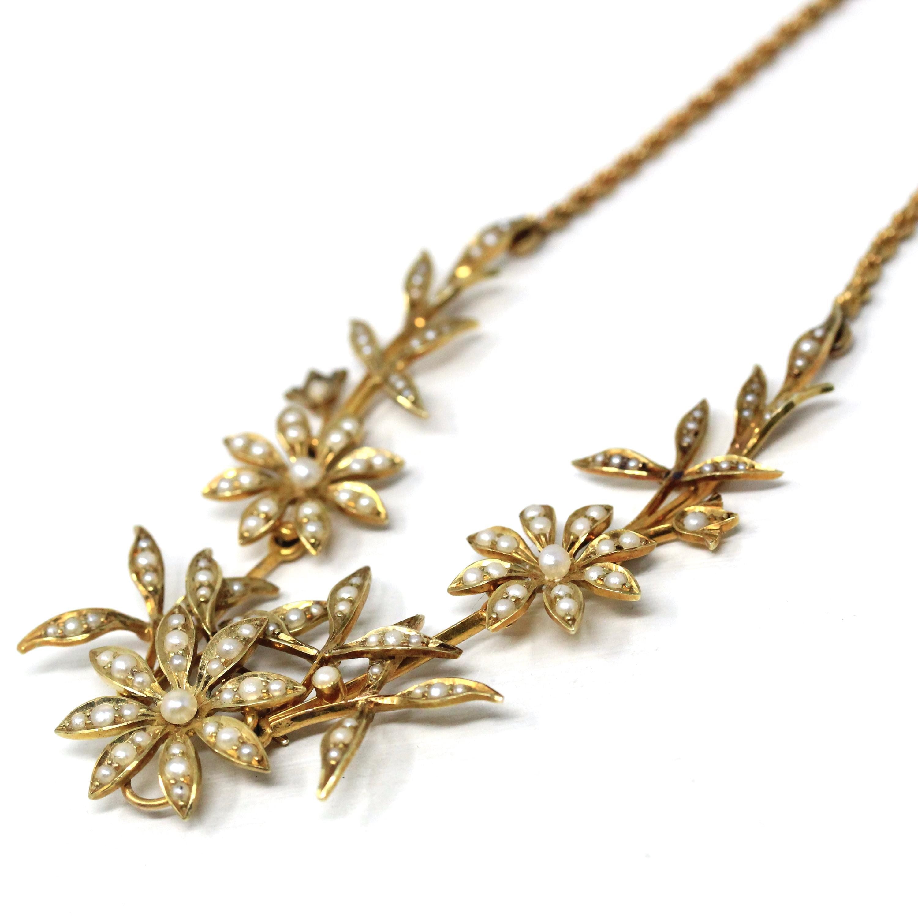 Antique Flower Necklace - Edwardian 15CT English Yellow Gold & Seed Pearl Floral Collar - Circa 1910s June Birthstone Statement Fine Jewelry