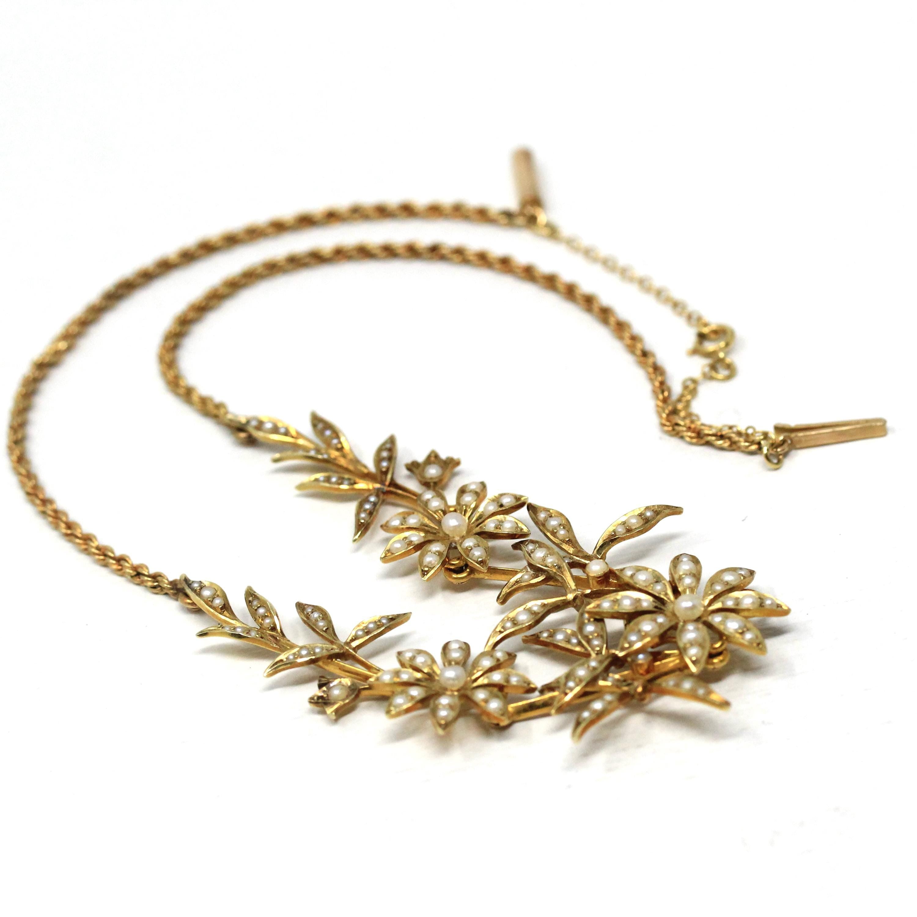 Antique Flower Necklace - Edwardian 15CT English Yellow Gold & Seed Pearl Floral Collar - Circa 1910s June Birthstone Statement Fine Jewelry